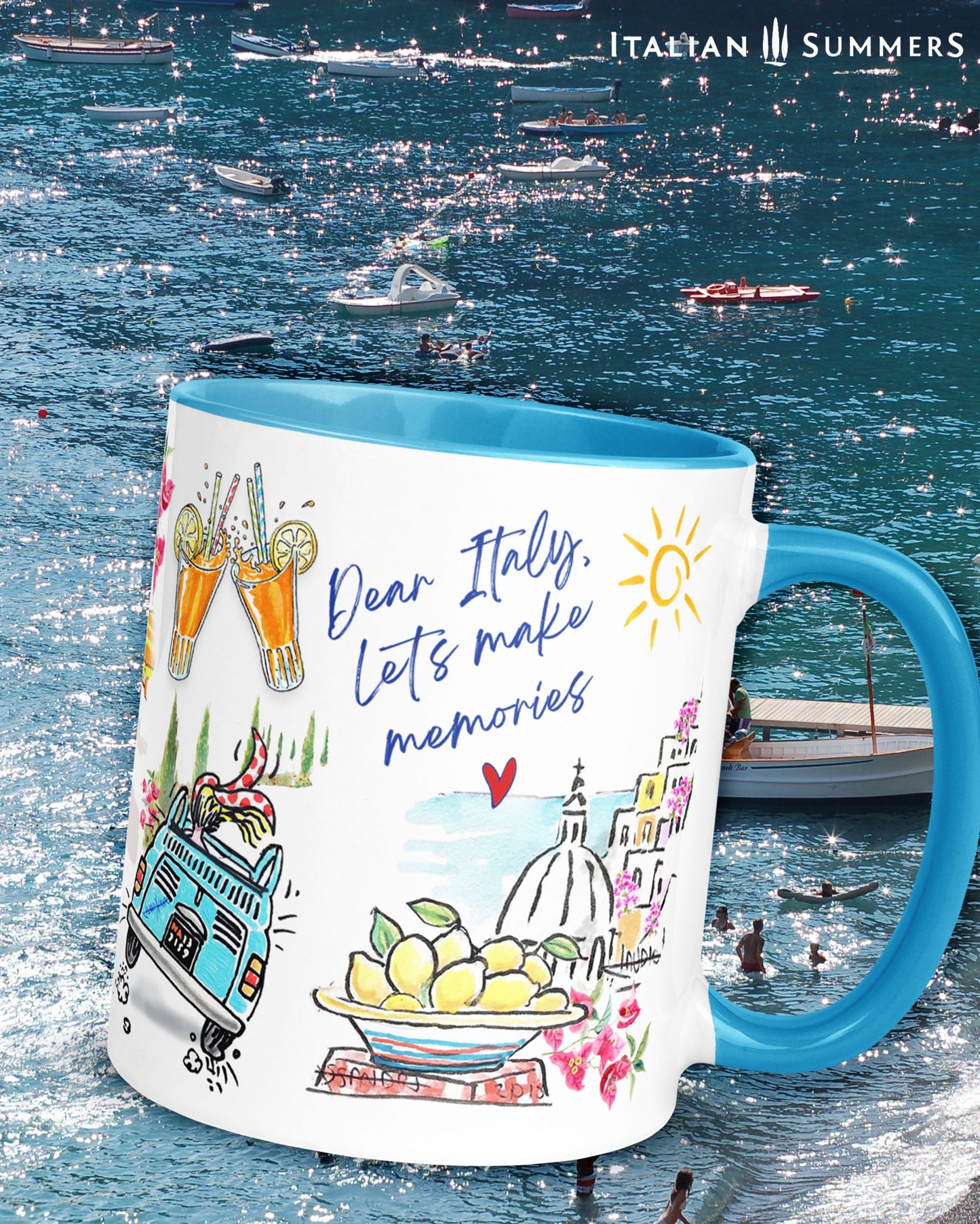 A made to order mug decorated with a print of colorful beach umbrellas on the Amalfi coast, two glasses with a red drink and straws clinking together, and a colorful sketch of Positano in the backround. A texts states: See you in the Piazza