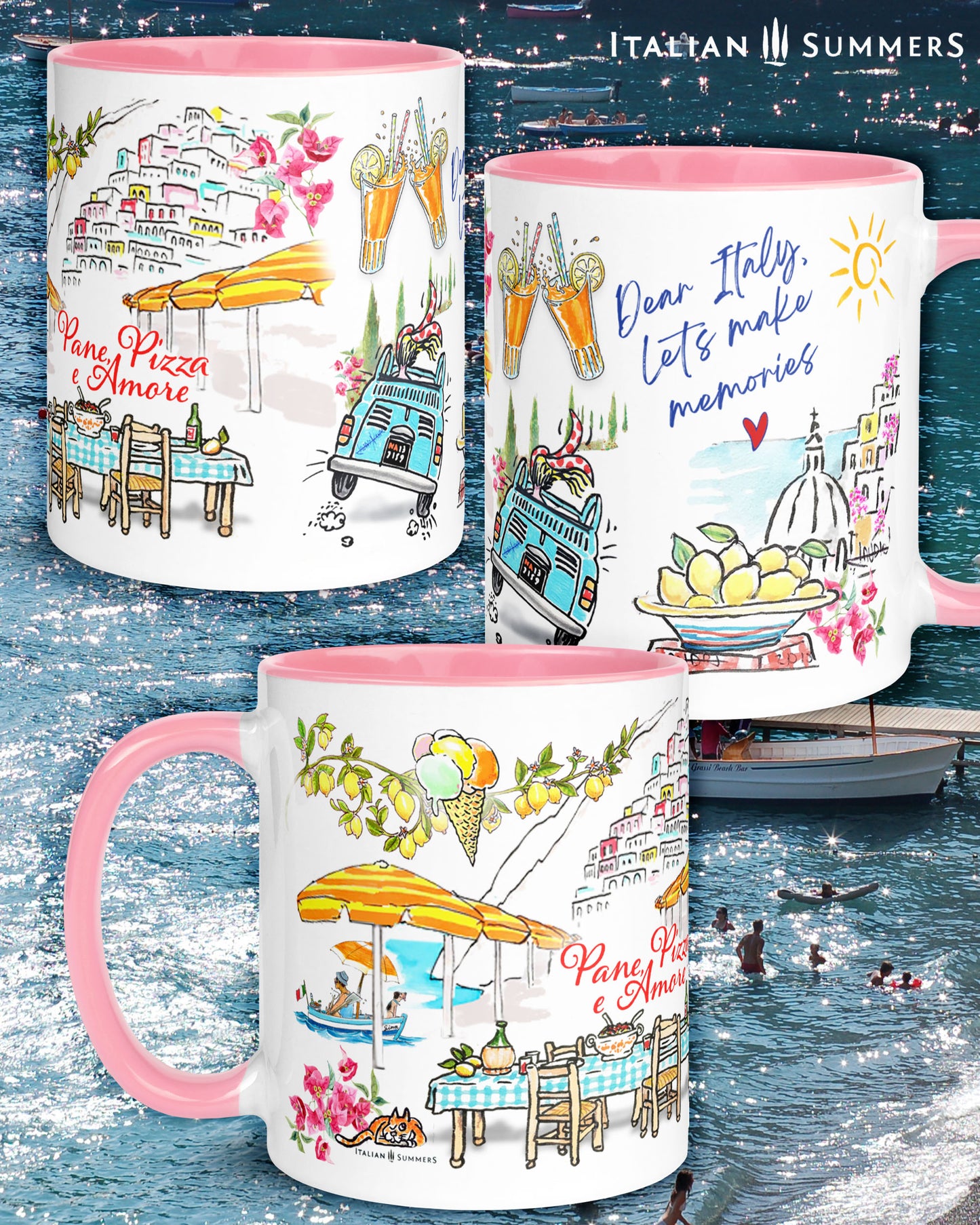 A made to order mug decorated with a print of colorful beach umbrellas on the Amalfi coast, two glasses with a red drink and straws clinking together, and a colorful sketch of Positano in the backround. A texts states: See you in the Piazza
