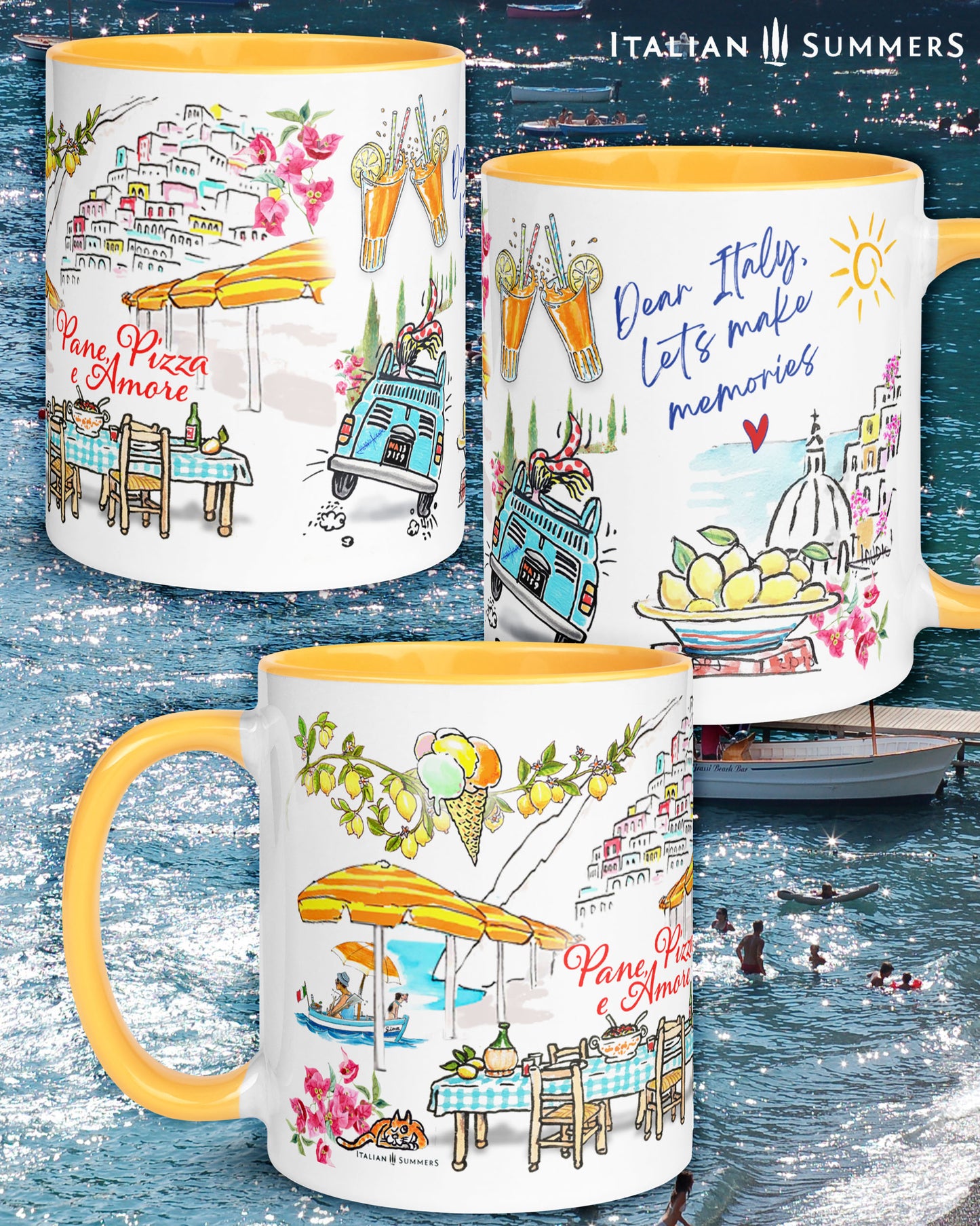 A made to order mug decorated with a print of colorful beach umbrellas on the Amalfi coast, two glasses with a red drink and straws clinking together, and a colorful sketch of Positano in the backround. A texts states: See you in the Piazza