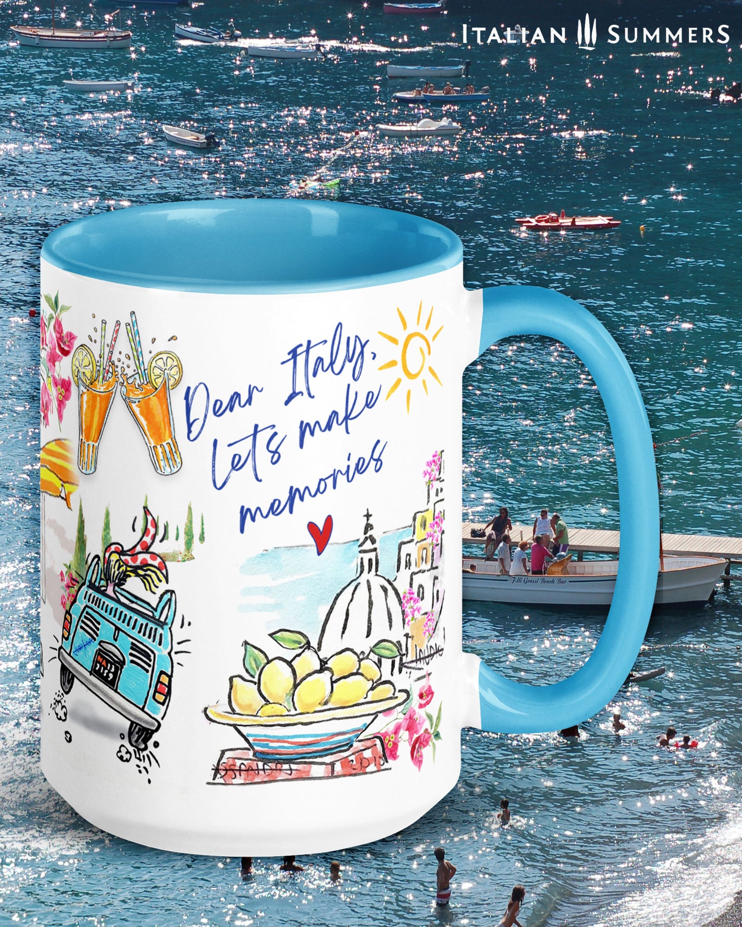 A made to order mug decorated with a print of colorful beach umbrellas on the Amalfi coast, two glasses with a red drink and straws clinking together, and a colorful sketch of Positano in the backround. A texts states: See you in the Piazza