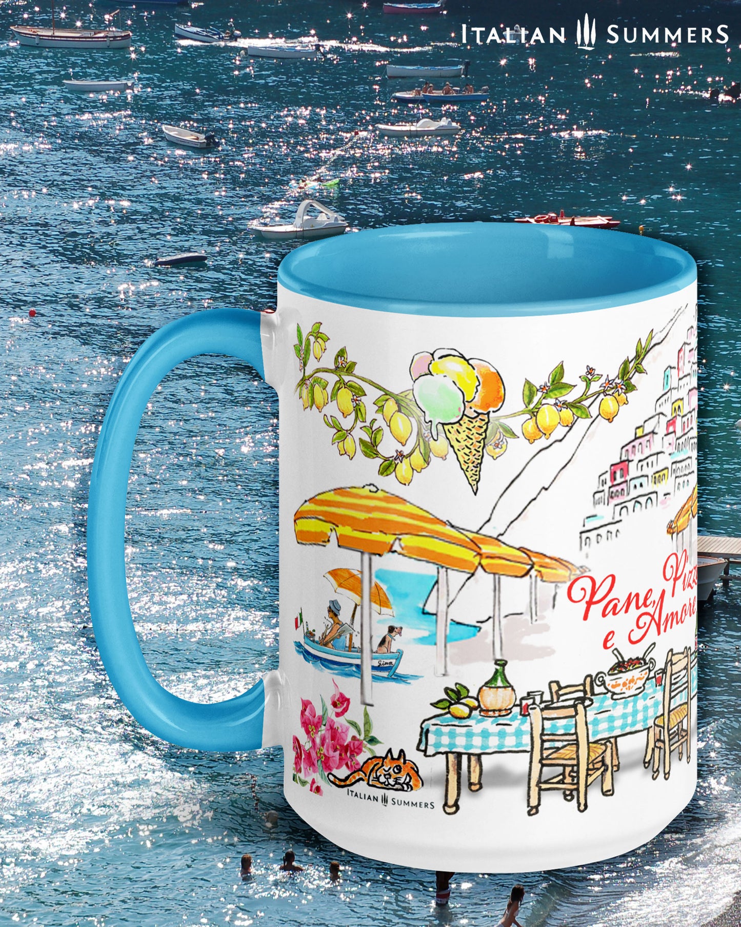 A made to order mug decorated with a print of colorful beach umbrellas on the Amalfi coast, two glasses with a red drink and straws clinking together, and a colorful sketch of Positano in the backround. A texts states: See you in the Piazza