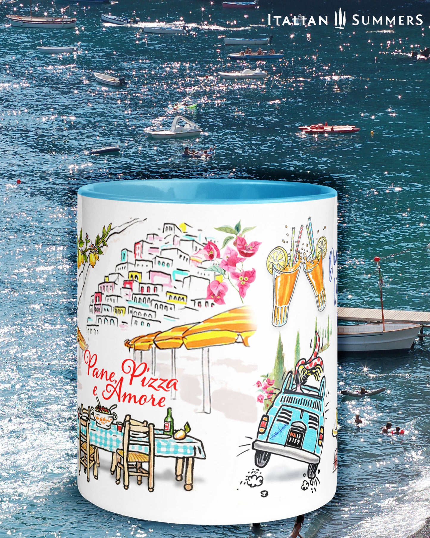 A made to order mug decorated with a print of colorful beach umbrellas on the Amalfi coast, two glasses with a red drink and straws clinking together, and a colorful sketch of Positano in the backround. A texts states: See you in the Piazza
