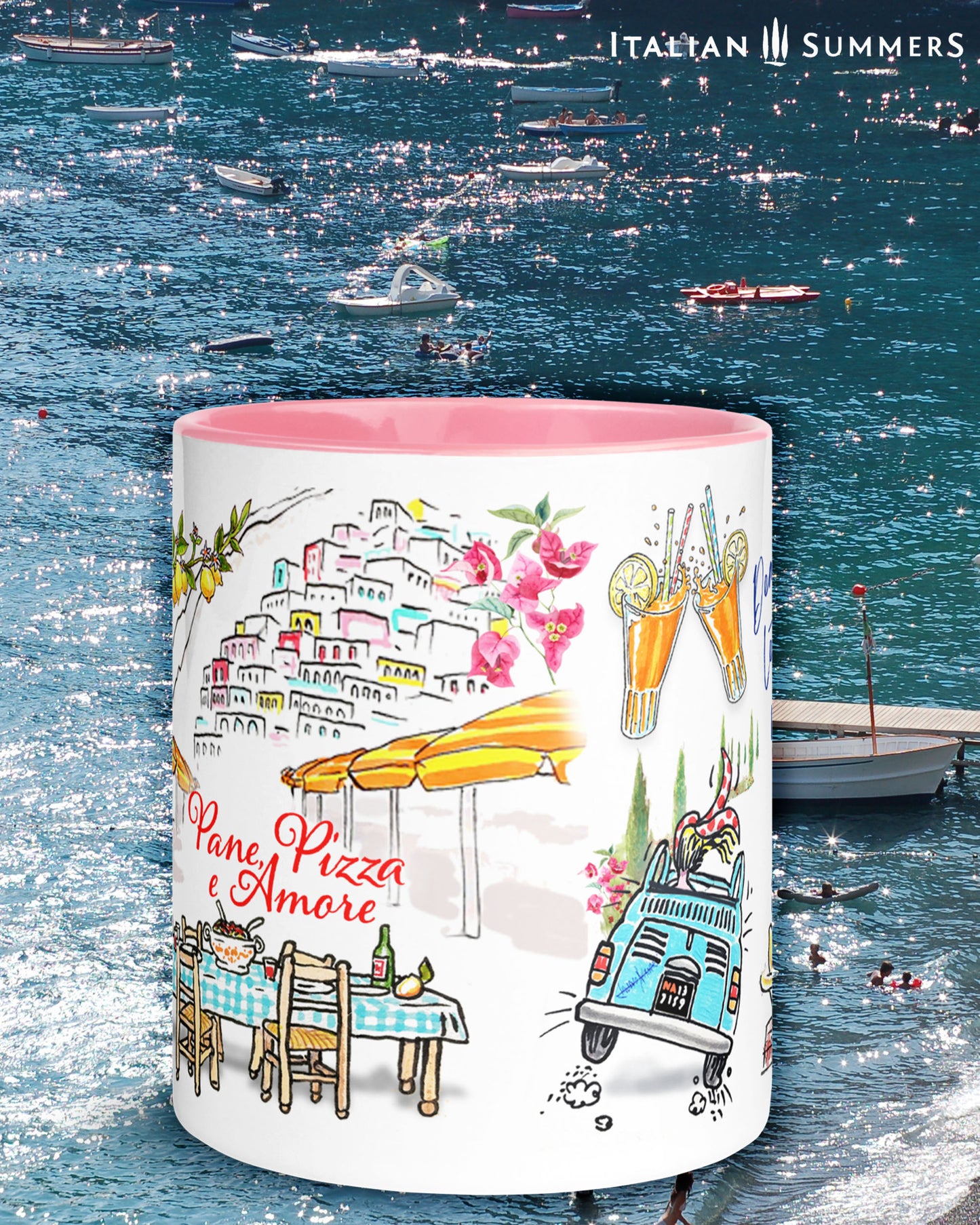 A made to order mug decorated with a print of colorful beach umbrellas on the Amalfi coast, two glasses with a red drink and straws clinking together, and a colorful sketch of Positano in the backround. A texts states: See you in the Piazza