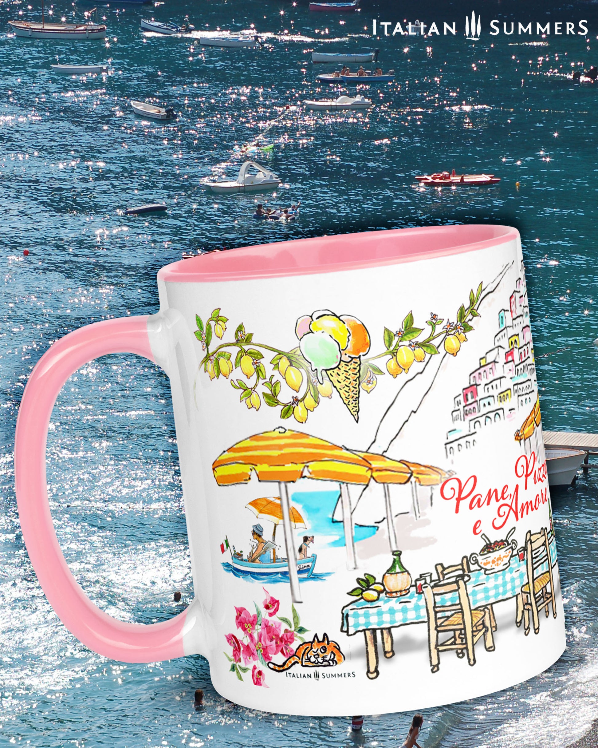 A made to order mug decorated with a print of colorful beach umbrellas on the Amalfi coast, two glasses with a red drink and straws clinking together, and a colorful sketch of Positano in the backround. A texts states: See you in the Piazza