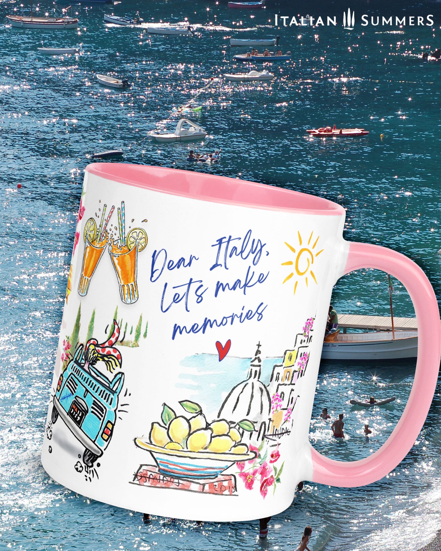 A made to order mug decorated with a print of colorful beach umbrellas on the Amalfi coast, two glasses with a red drink and straws clinking together, and a colorful sketch of Positano in the backround. A texts states: See you in the Piazza