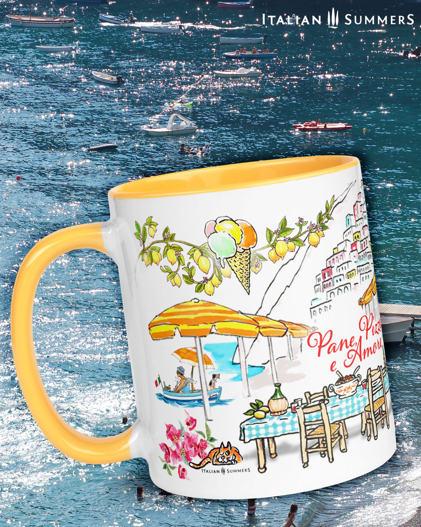 A made to order mug decorated with a print of colorful beach umbrellas on the Amalfi coast, two glasses with a red drink and straws clinking together, and a colorful sketch of Positano in the backround. A texts states: See you in the Piazza