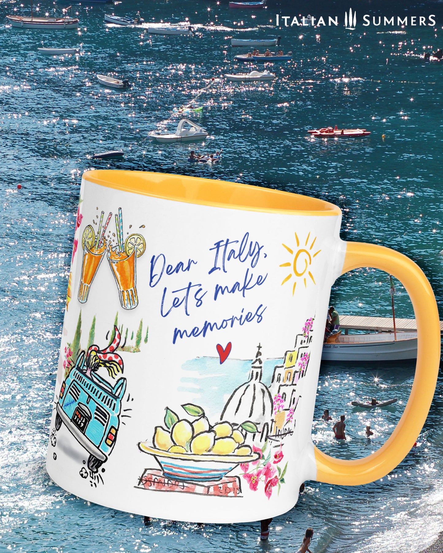 A made to order mug decorated with a print of colorful beach umbrellas on the Amalfi coast, two glasses with a red drink and straws clinking together, and a colorful sketch of Positano in the backround. A texts states: See you in the Piazza