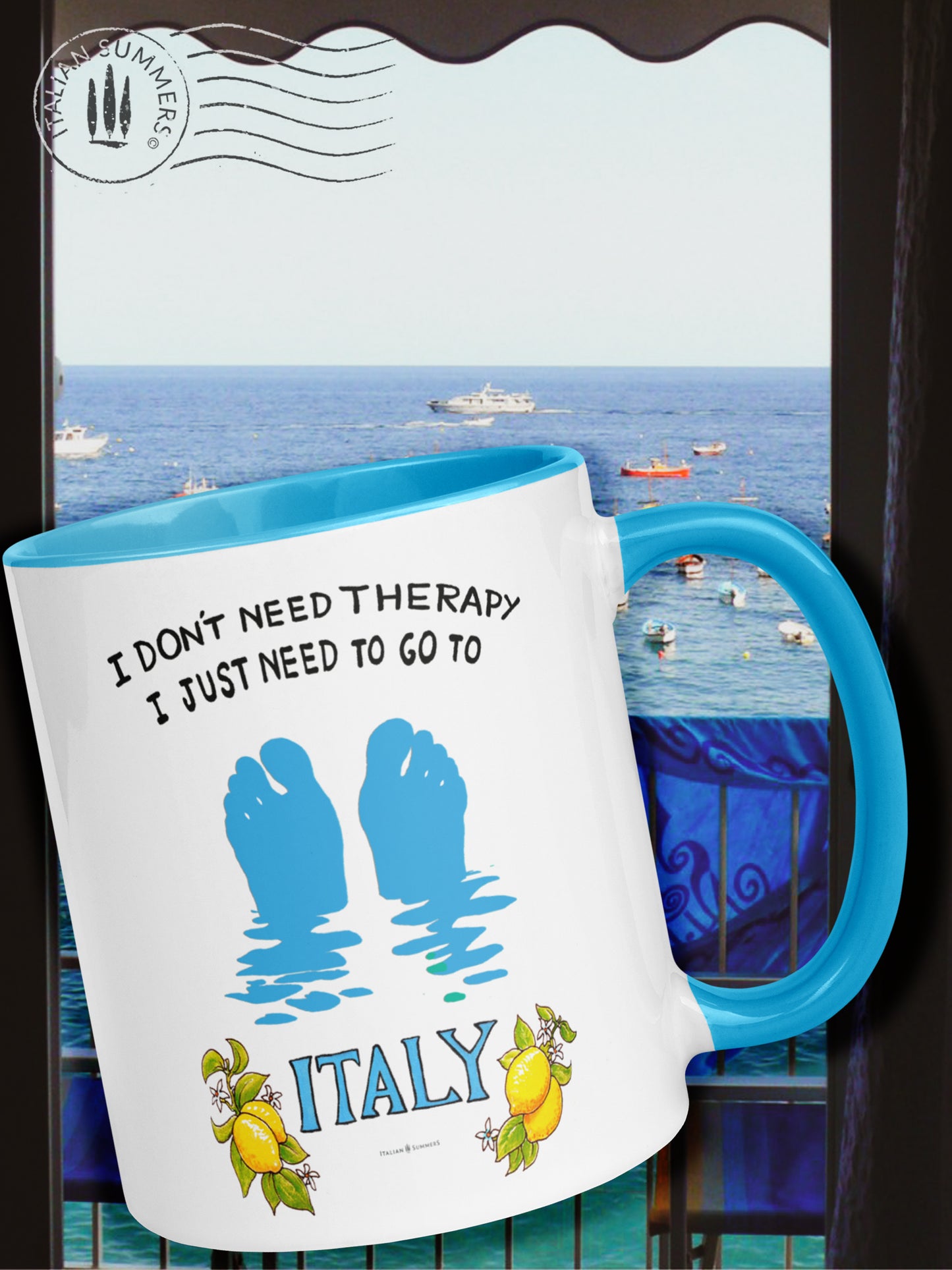 I don't need therapy, I just need to see ice cream colored, clifside, Italian villages with my footies in the blue Mediterranean sea! A perfect gift for your Italy lover friends or treat yourself to this happy coffee or thee mug.
