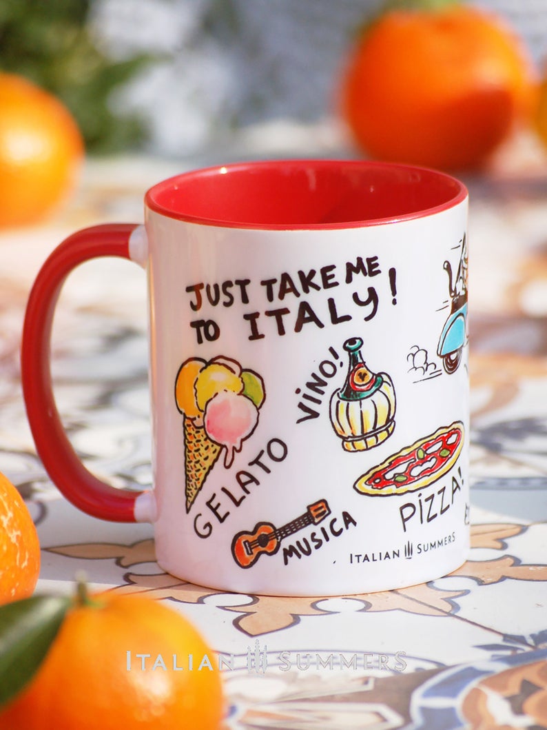 This high-quality mug will have you feeling like you've been transported to the beautiful Italian countryside with its selection of sketches depicting Italy's iconic vita Italiana - like pasta, Vespa, sole, amore, vintage Fiat 500, gelato, vino, pizza espresso and the quote, 'Just take me to Italy'!
