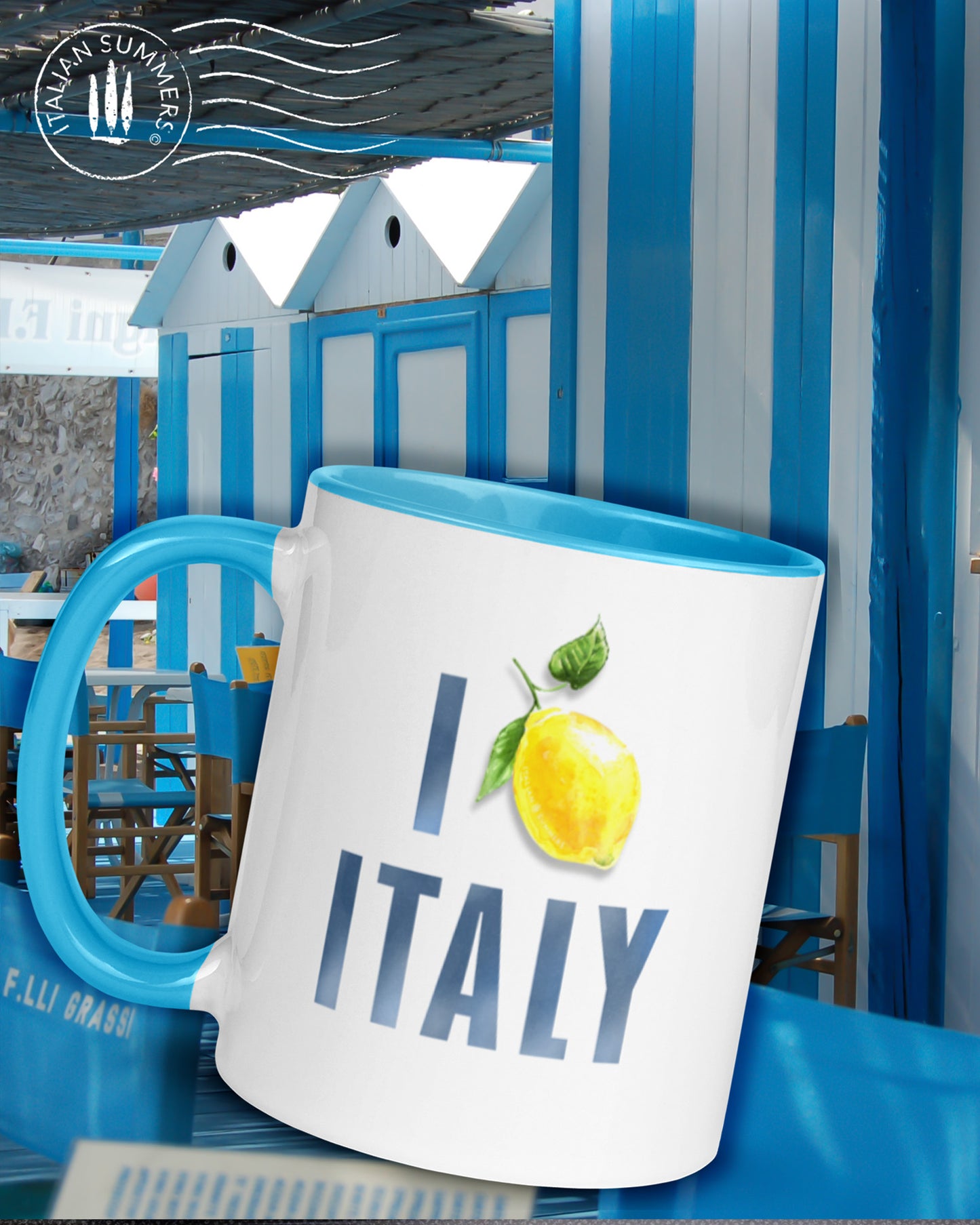 Italy inspired mug with the text I love Italy. The word love has been replaced with a nice Amalfi coast lemon. The text is in a slightly faded navy blue. The mug is available in yellow, blue and pink. Printed on both sides. Made by Italian Summers.