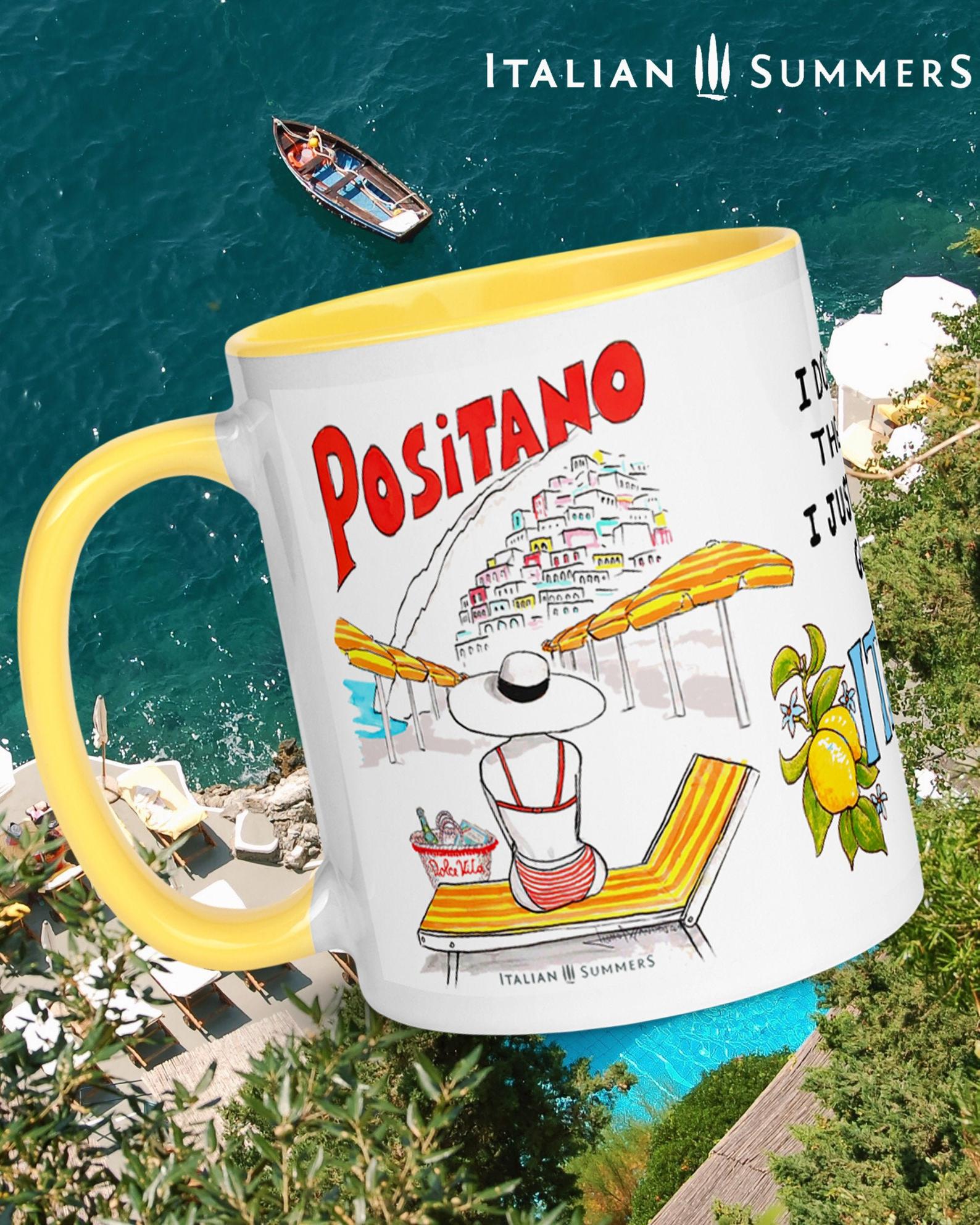 Mug inspired by Positano with a sketch of Positano beach with the yellow orange beach umbrellas and a view and on Positano. There is a lady sittng on a striped beach bed, she wears a hat and has a straw bag with Dolce Vita written on it. This sketch is on tweo sides of the mug and in the center there is the quote I don't need therapy, I just need to go to Italy. There is also Positano written on the mug is red above the village of Positano. The quote is decorated with lemons.