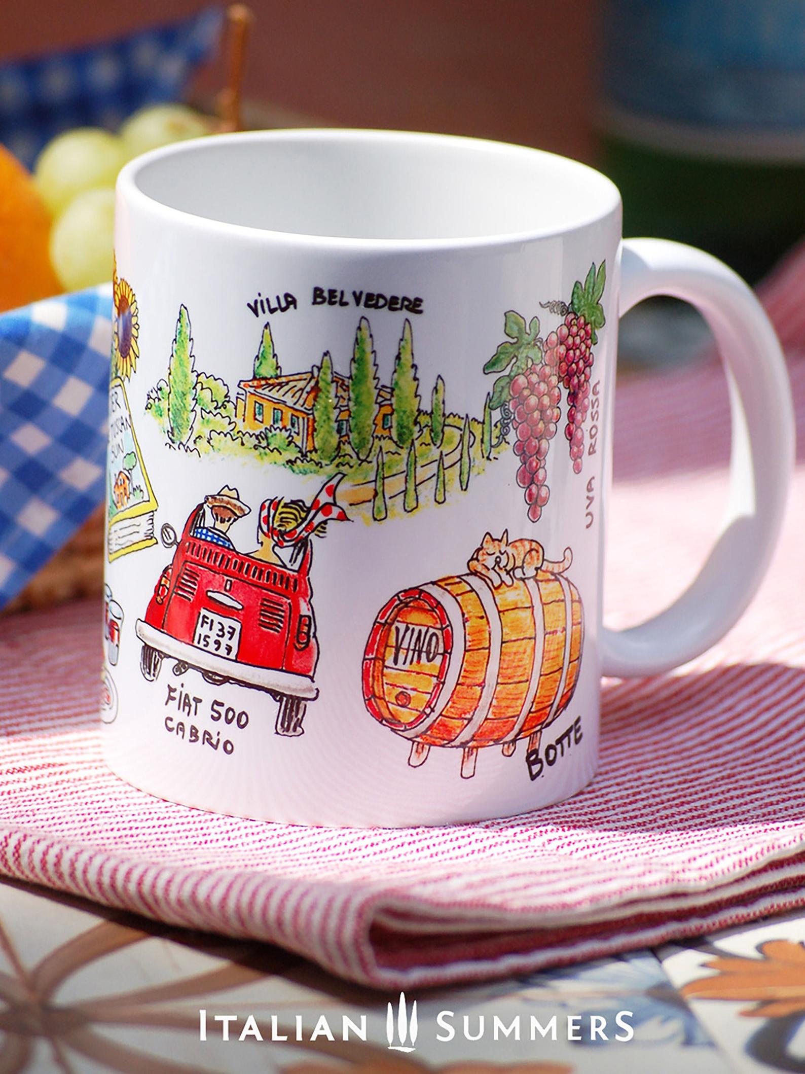Italy | Tuscany inspired coffee mug with sketches of Tuscany how you would like it to be! A sketch of Villa Belvedere with cipresses, a red vintage Fiat 500 cabrio, hanging grape bunches, a wooden wine barrel, the book Under the Tuscan sun with sunflowers next to it. A big flask of Chianti classico and bruschette and the little chapel Vitaleta. By the way, of course on the wine barel there is a cat sleeping!
