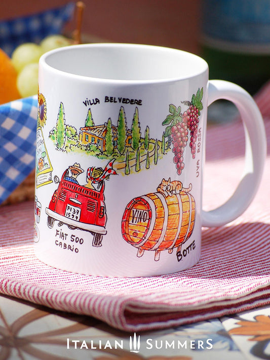 Italy | Tuscany inspired coffee mug with sketches of Tuscany how you would like it to be! A sketch of Villa Belvedere with cipresses, a red vintage Fiat 500 cabrio, hanging grape bunches, a wooden wine barrel, the book Under the Tuscan sun with sunflowers next to it. A big flask of Chianti classico and bruschette and the little chapel Vitaleta. By the way, of course on the wine barel there is a cat sleeping!