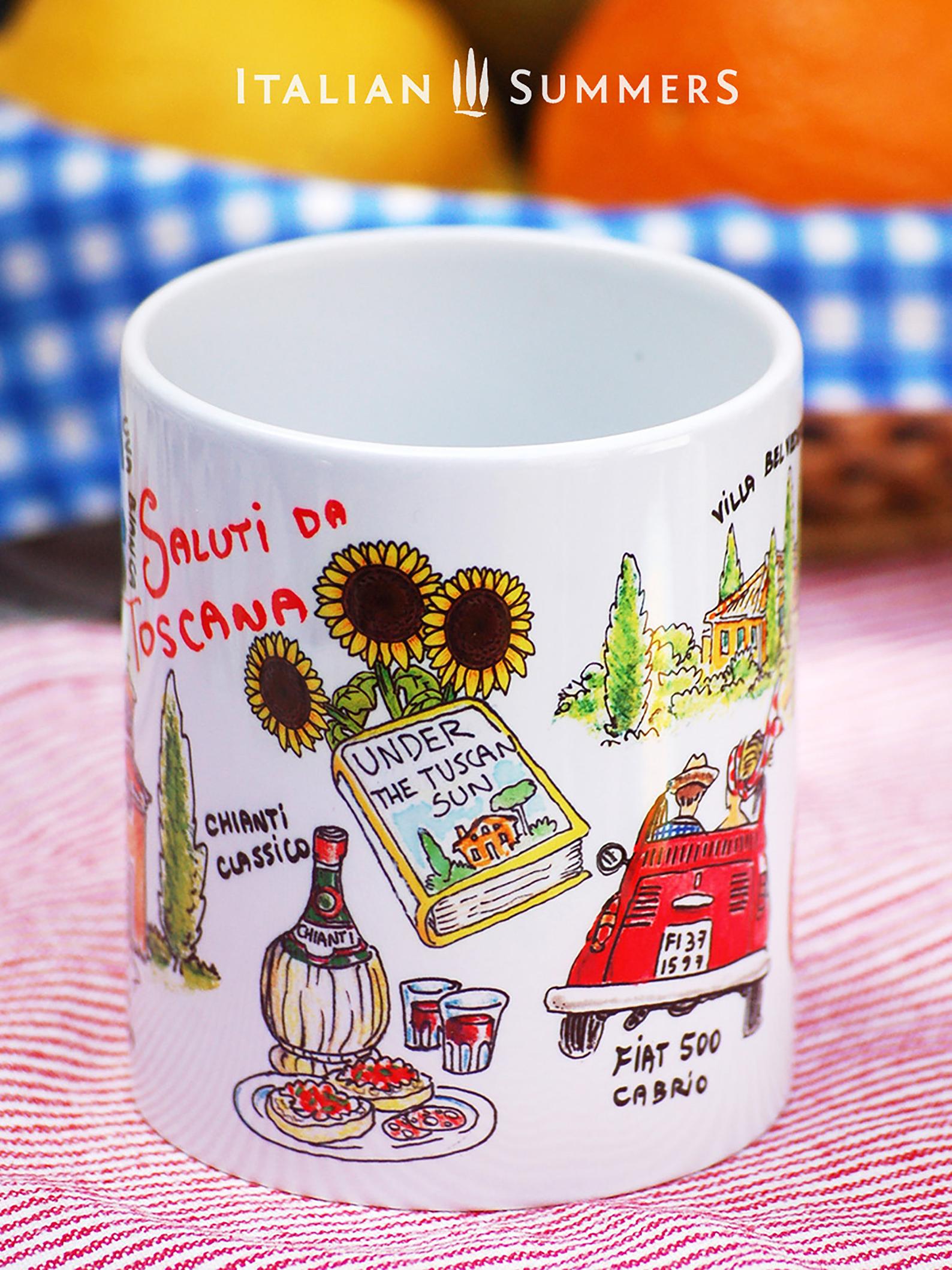 Italy | Tuscany inspired coffee mug with sketches of Tuscany how you would like it to be! A sketch of Villa Belvedere with cipresses, a red vintage Fiat 500 cabrio, hanging grape bunches, a wooden wine barrel, the book Under the Tuscan sun with sunflowers next to it. A big flask of Chianti classico and bruschette and the little chapel Vitaleta. By the way, of course on the wine barel there is a cat sleeping!