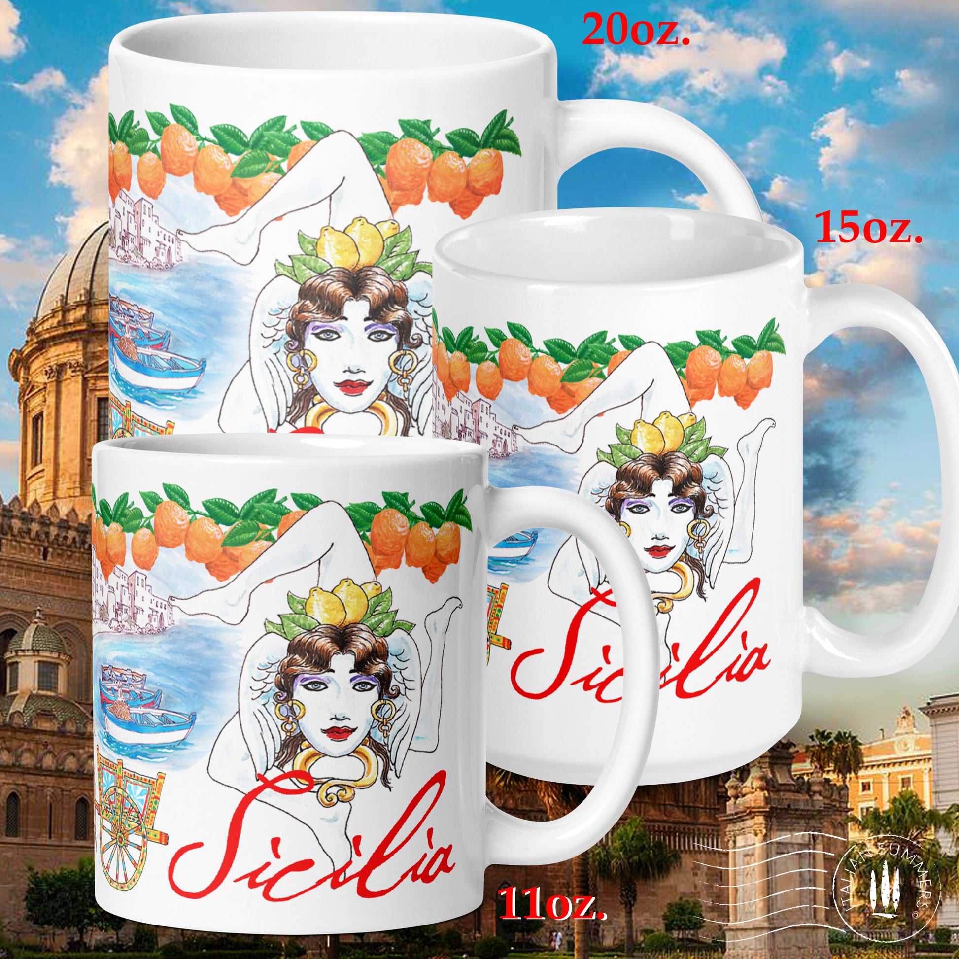 Sicily inspired mug with sketches of the seaside town Cefalu, a trinacria, a Sicilian caretto with of course a cute little donkey , a moore head and a mermaid. On the rim there is a garland of Sicilian oranges. Sicilia is written on the mug in a red handwriting