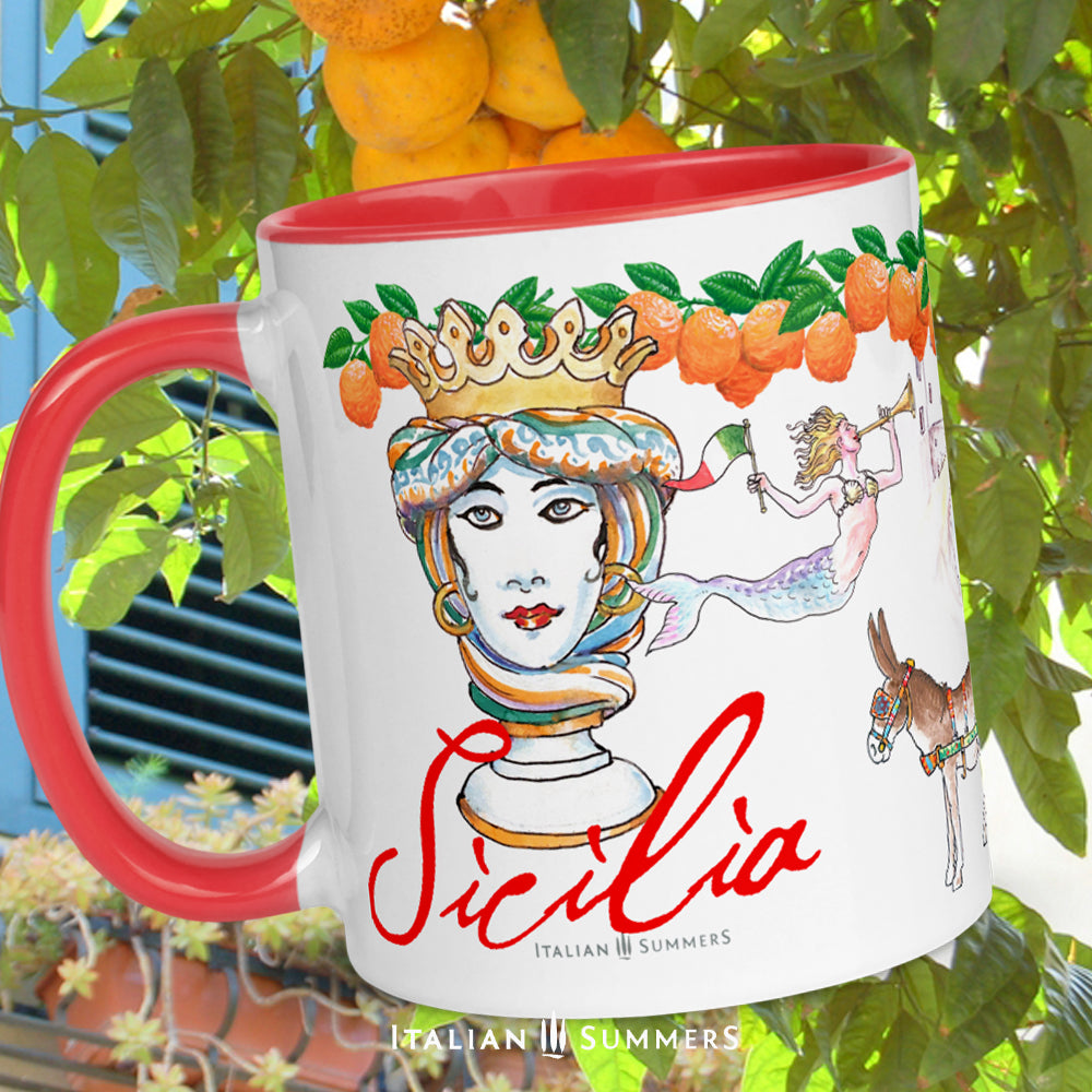 Sicily inspired mug with sketches of the seaside town Cefalu, a trinacria, a Sicilian caretto with of course a cute little donkey , a moore head and a mermaid. On the rim there is a garland of Sicilian oranges. Sicilia is written on the mug in a red handwriting