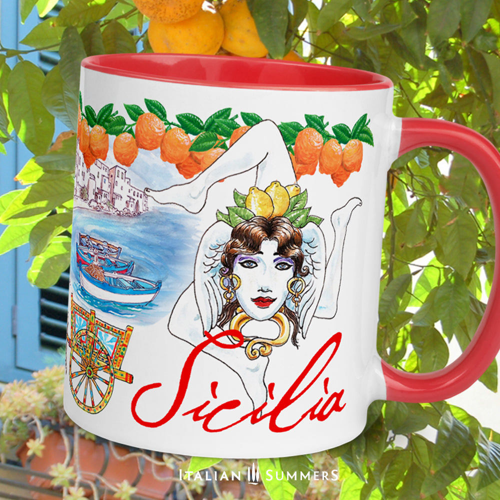 Sicily inspired mug with sketches of the seaside town Cefalu, a trinacria, a Sicilian caretto with of course a cute little donkey , a moore head and a mermaid. On the rim there is a garland of Sicilian oranges. Sicilia is written on the mug in a red handwriting