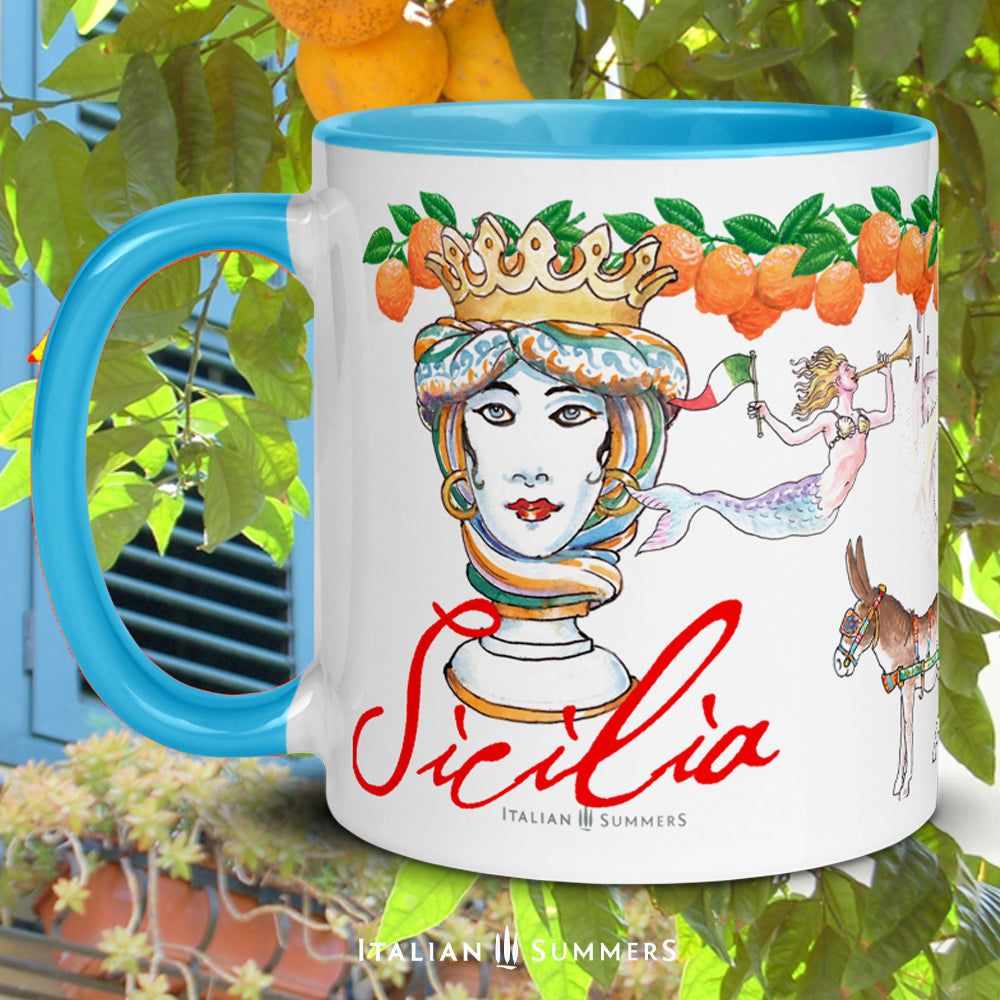 Sicily inspired mug with sketches of the seaside town Cefalu, a trinacria, a Sicilian caretto with of course a cute little donkey , a moore head and a mermaid. On the rim there is a garland of Sicilian oranges. Sicilia is written on the mug in a red handwriting