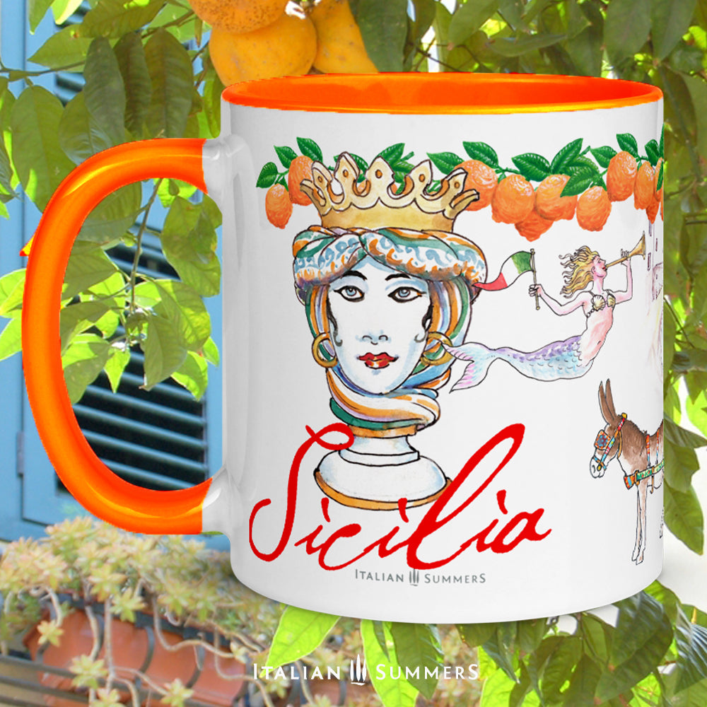 Sicily inspired mug with sketches of the seaside town Cefalu, a trinacria, a Sicilian caretto with of course a cute little donkey , a moore head and a mermaid. On the rim there is a garland of Sicilian oranges. Sicilia is written on the mug in a red handwriting