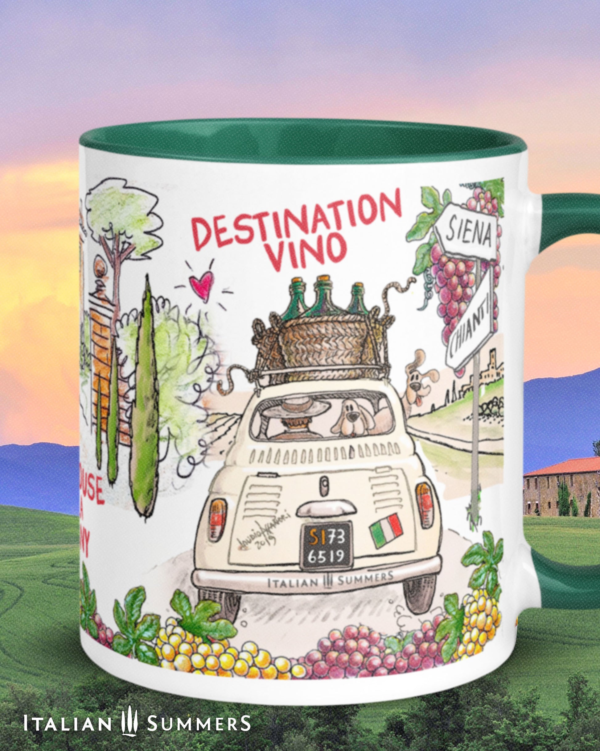White ceramic mug with Fiat 500 car, wine flasks, and Tuscan village design.