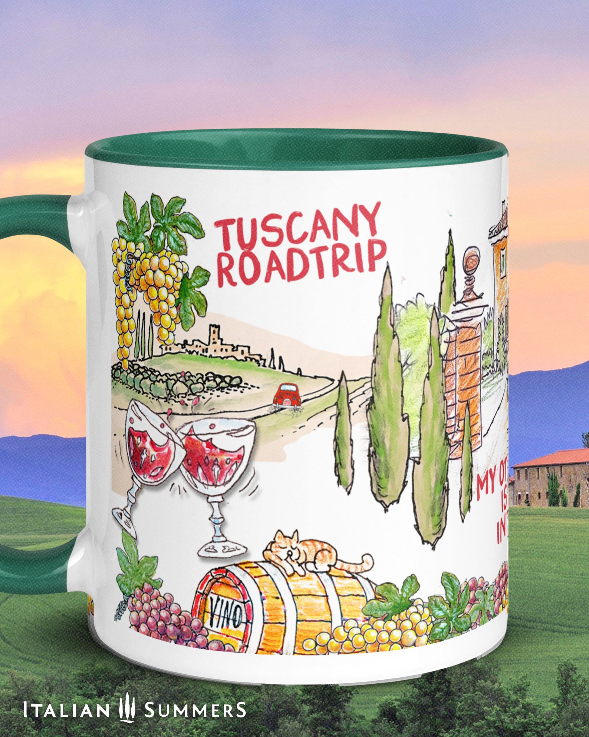 Tuscany travel-inspired coffee mug with playful vineyard and villa illustration.