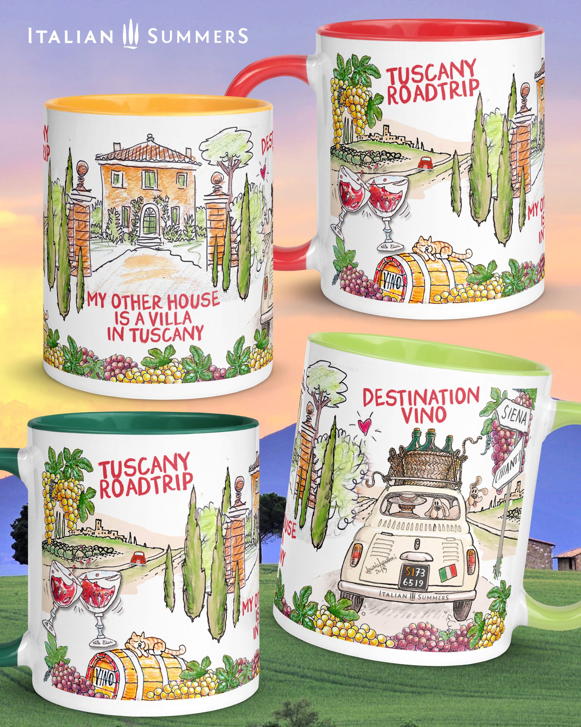 Cozy ceramic coffee cups with sayings “My other house is a Tuscan villa” and “Destination Vino.”