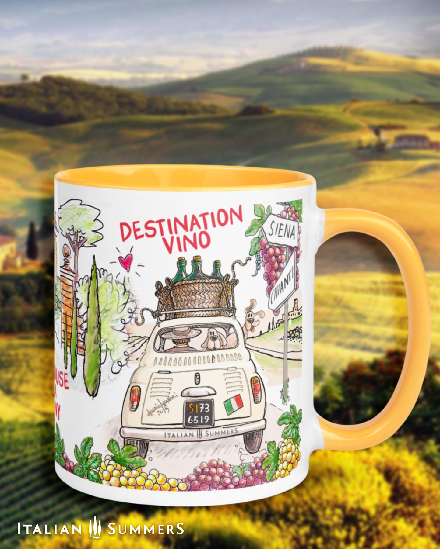 Italian travel gift mug with Fiat 500, wine barrel with cat, and Tuscan hills