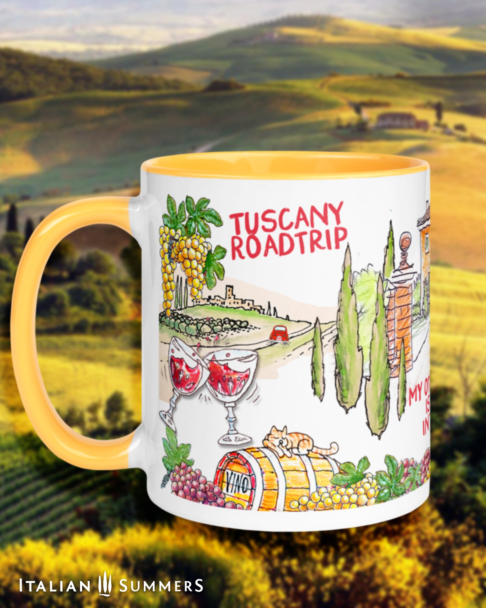 Ceramic wine-themed Italy mug reading “Tuscany Roadtrip” in vintage style.