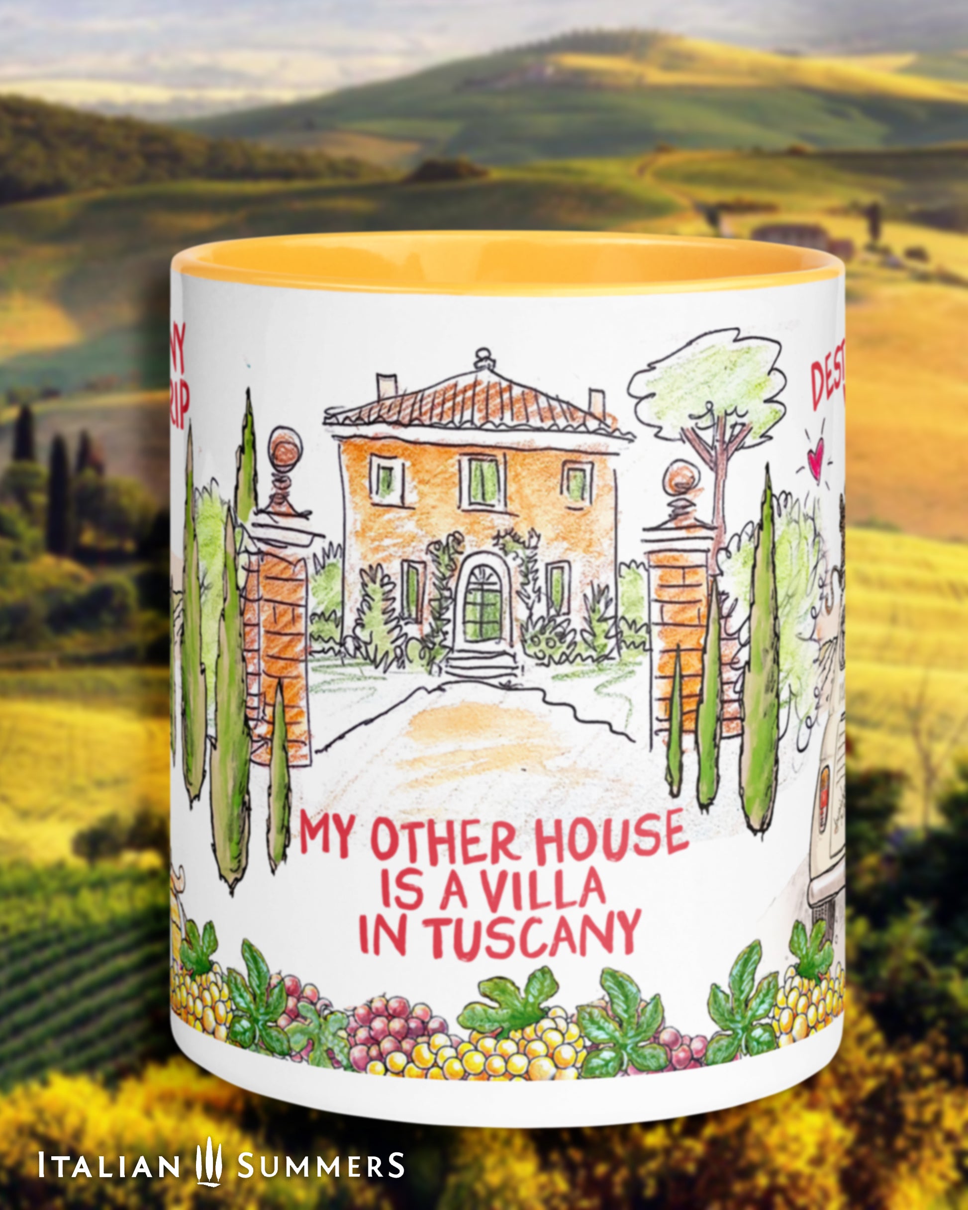 Tuscany travel-inspired coffee mug with playful vineyard and villa illustration.