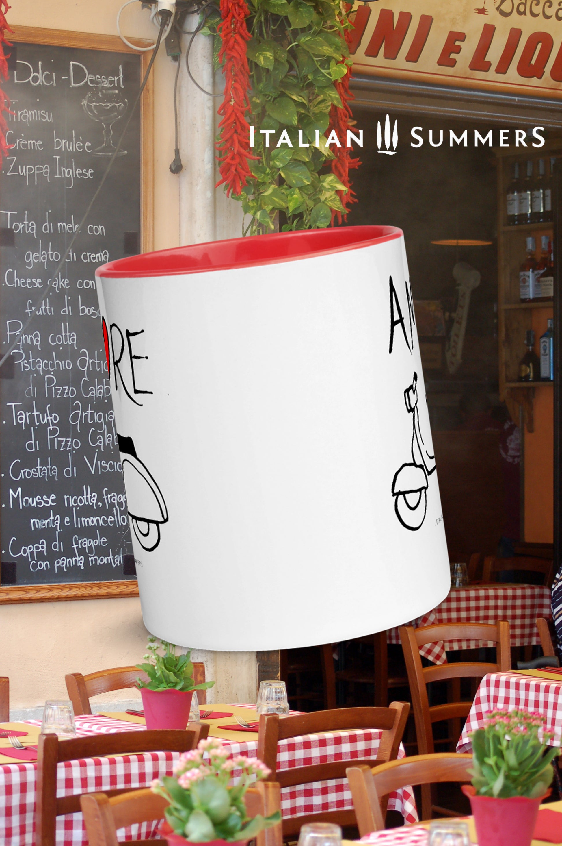 Italy inspired coffee mug with a sketch of a vintage Italian Vespa, a line dwawing. Above the Vespa is written the word AMORE in handwriting. The 'O ' in amore has is a red heart. The Italian coffee mug is printed a 2 sides. Available with a red inside/handle / or white. Made with amore by Italian Summers