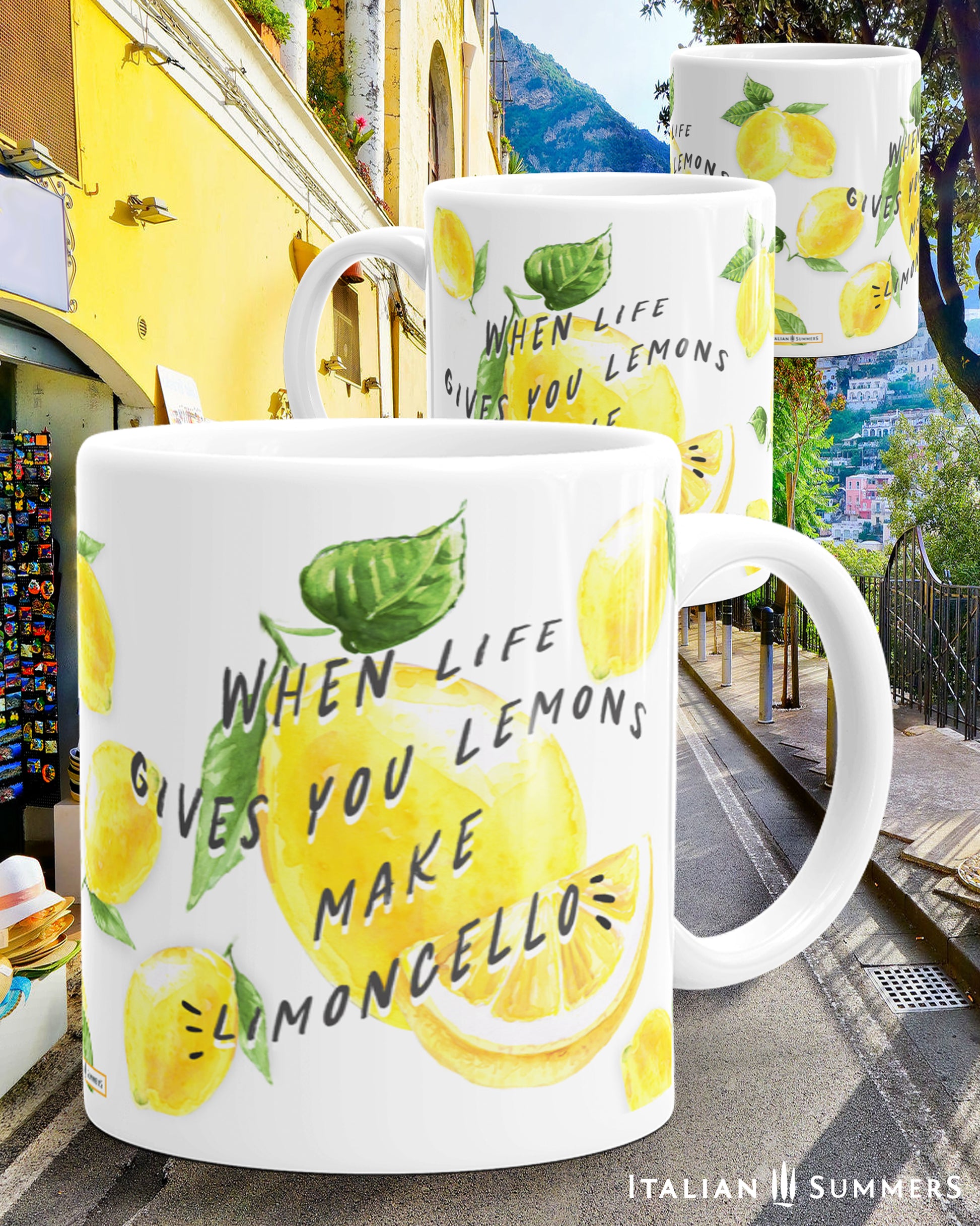 Italian inspired mug with happy lemons and lemons slices and the quote "When life gives you lemons make limoncello" The mugs are available with a yellow inside and handle or in white. Print wraps all around. Made by Italian Summers