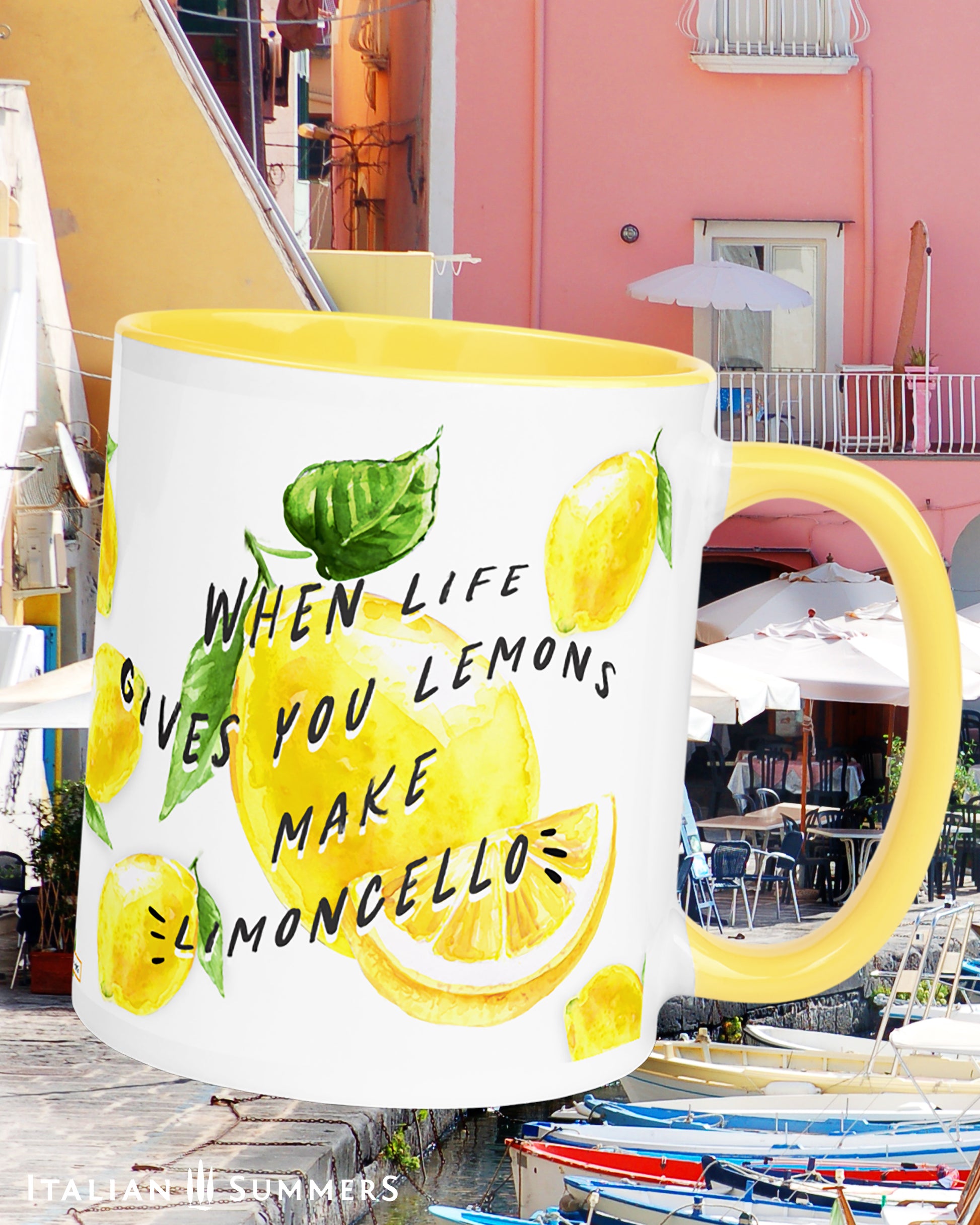 Italian inspired mug with happy lemons and lemons slices and the quote "When life gives you lemons make limoncello" The mugs are available with a yellow inside and handle or in white. Print wraps all around. Made by Italian Summers