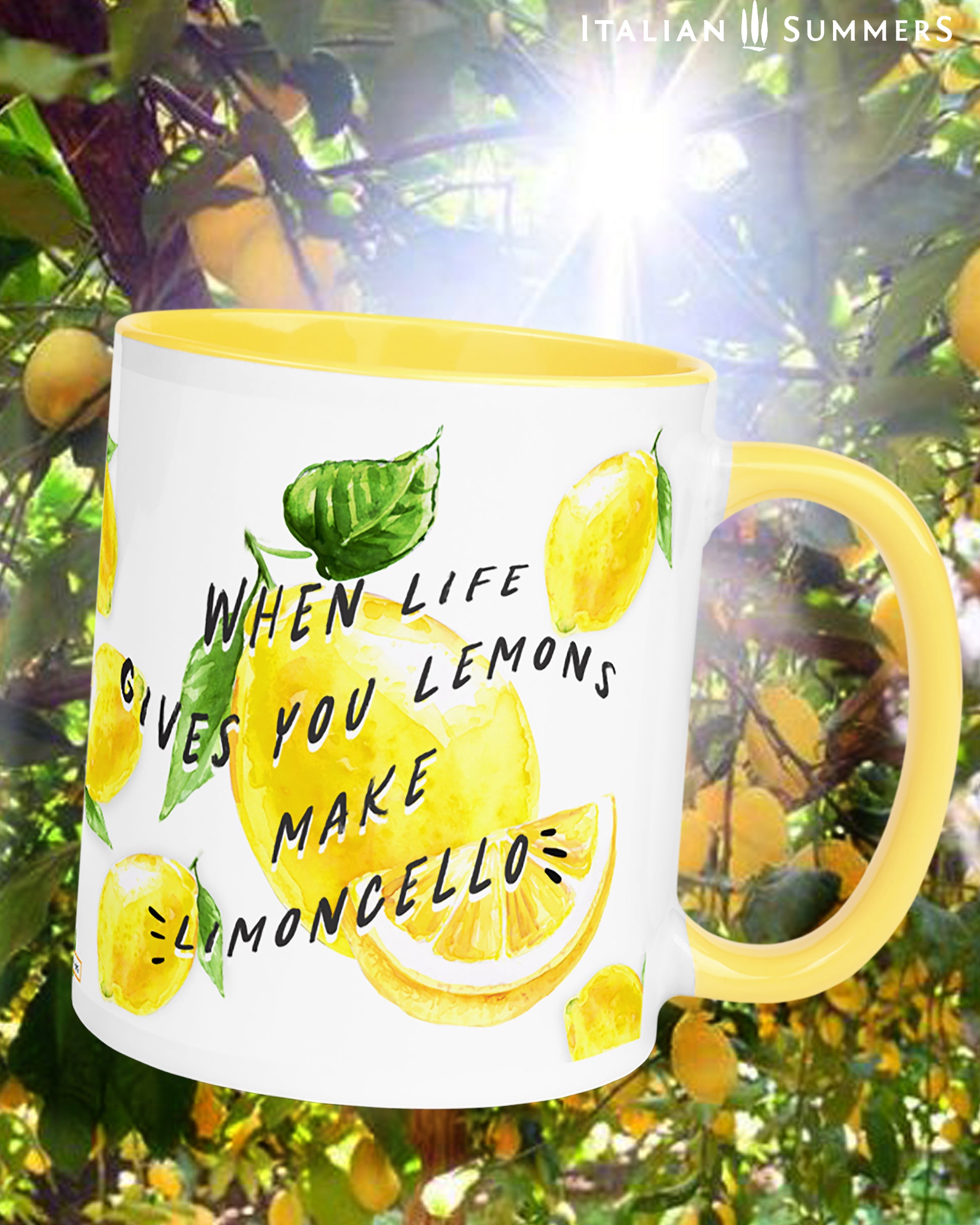 Italian inspired mug with happy lemons and lemons slices and the quote "When life gives you lemons make limoncello" The mugs are available with a yellow inside and handle or in white. Print wraps all around. Made by Italian Summers