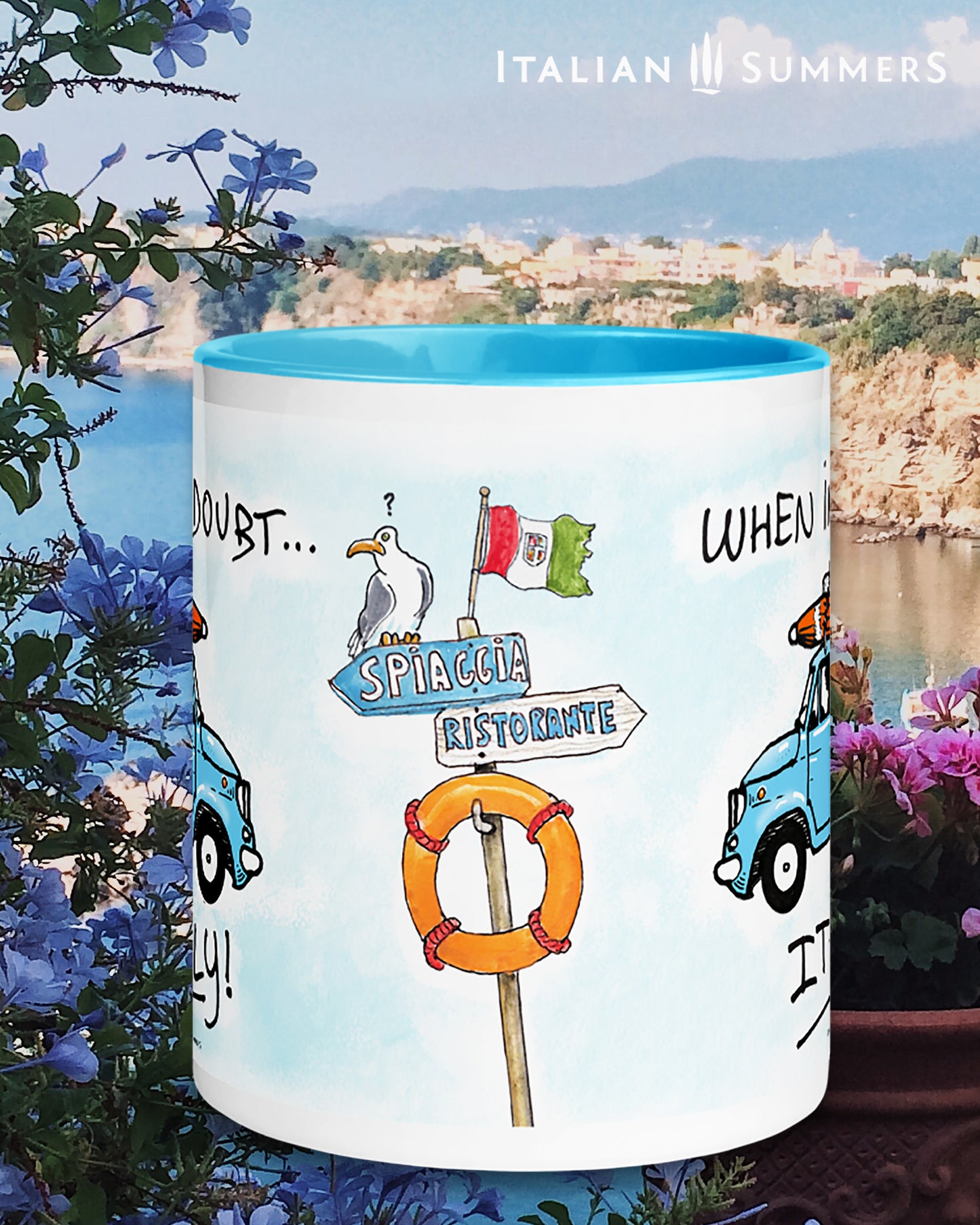 Italy inspired coffee mug with the handwritten quote 'When in doubt, Italy'. There is a sketch on both sides of the mug of an aqua blue Cinquecento which has a closed beach umbrella on top of the car. A lady is drivng the car and there is a little dog in the back of the car with floppy ears. Made by Italian Summers