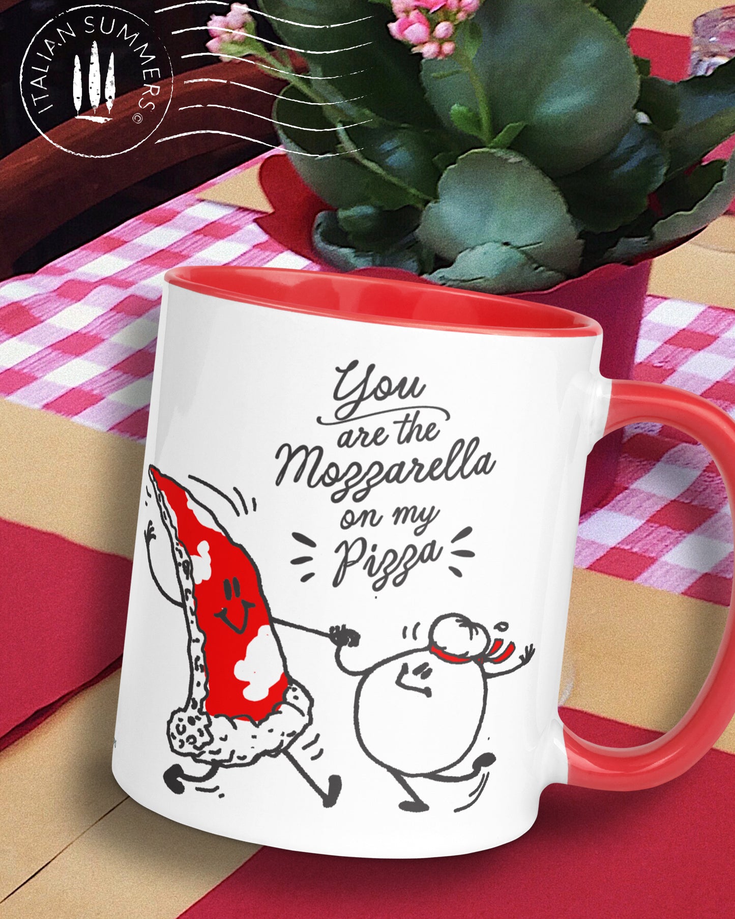 Italy inspired mug for pizza lovers with the quote "You are the mozzarella on my pizza" with a cute sketch of a dancing pizza slice and mozzarella both with a smiling face. Available in 11 and 15oz. Designed and sold by Italian Summers