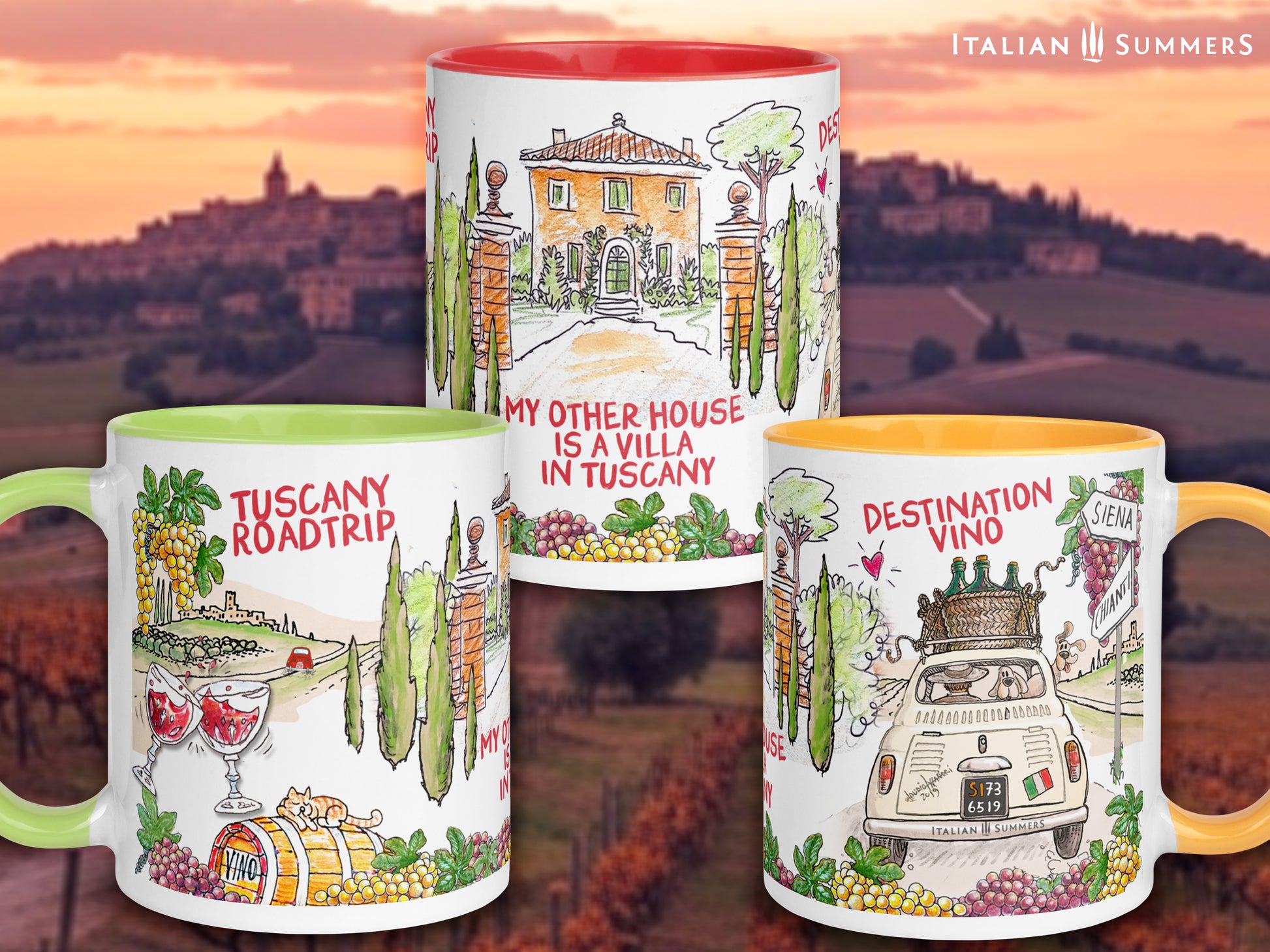 Cozy ceramic coffee cup with sayings “My other house is a Tuscan villa” and “Destination Vino.”