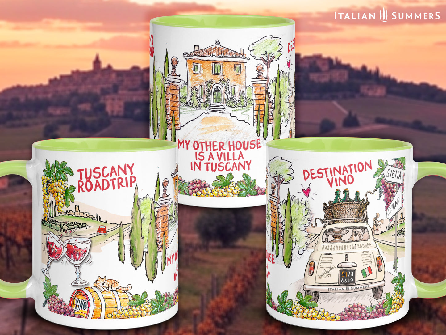 Italian travel gift mug with Fiat 500, wine barrel with cat, and Tuscan hills.