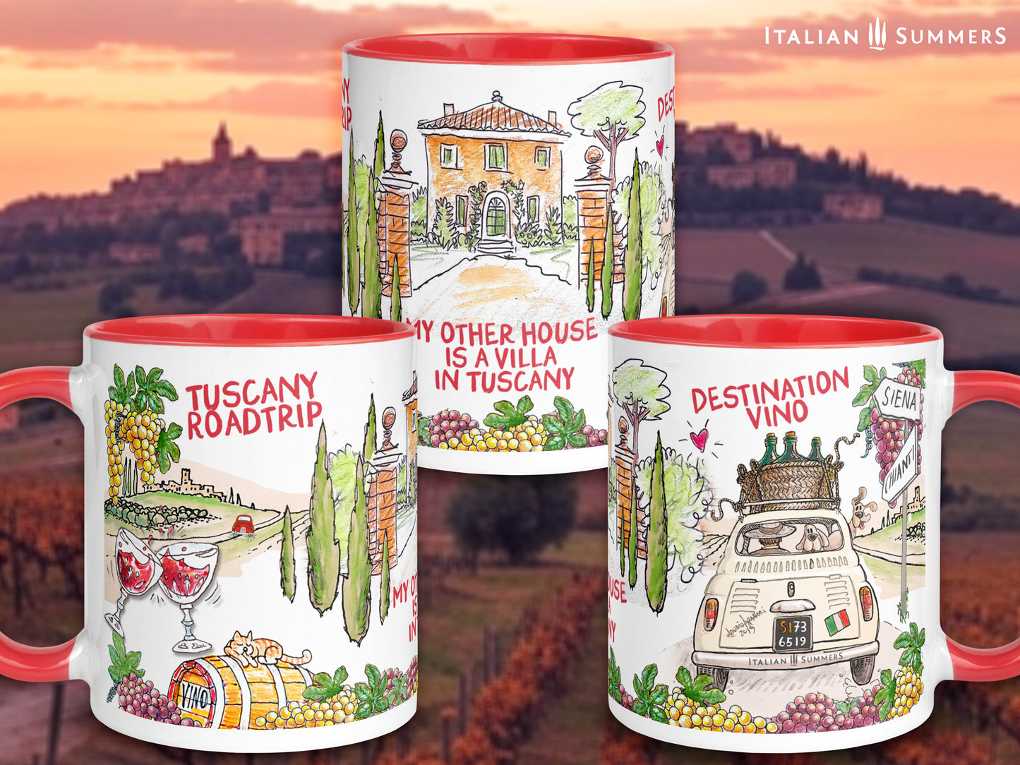 Ceramic wine-themed Italy mug reading “Tuscany Roadtrip” in vintage style.