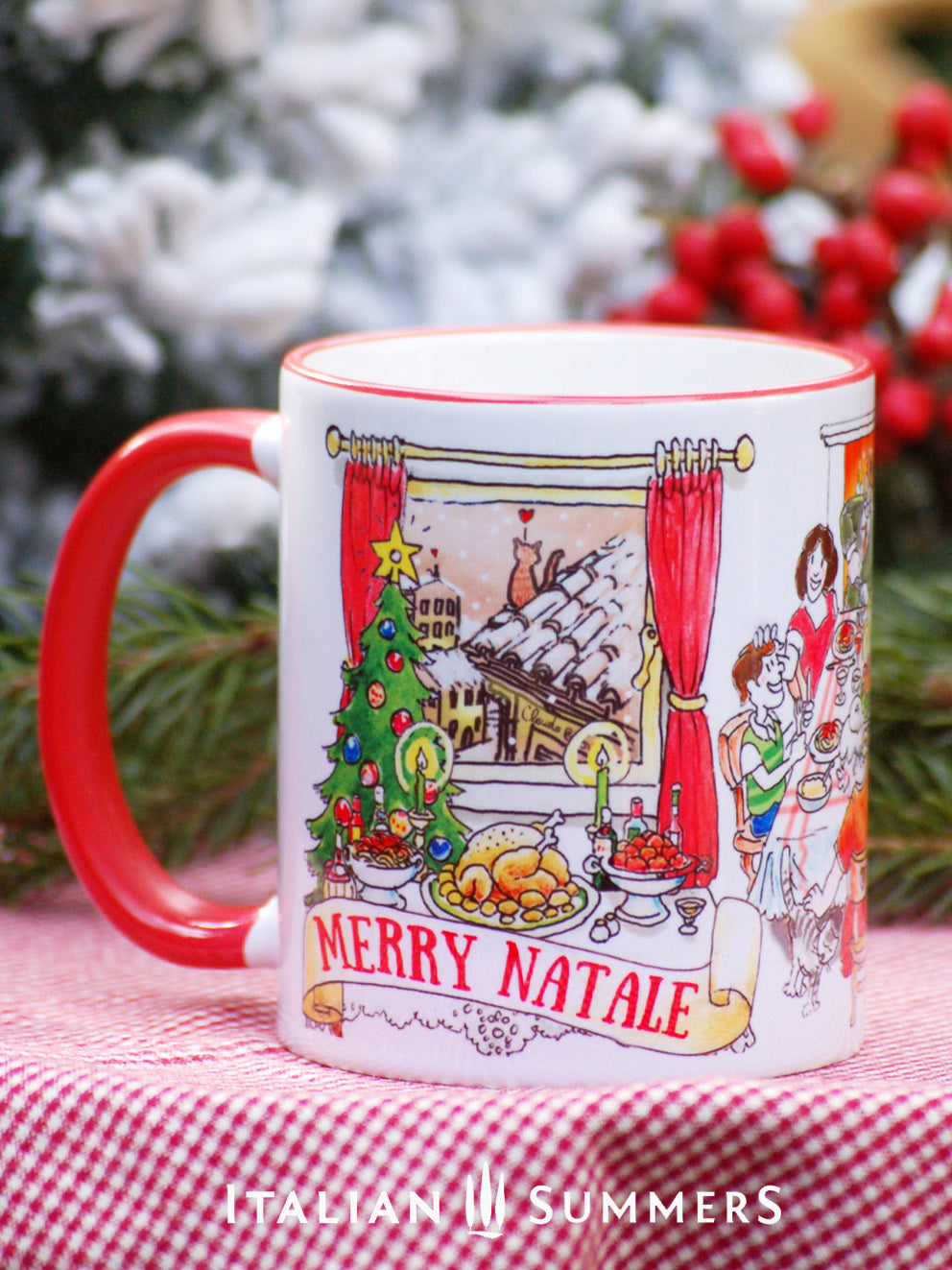 Holiday coffee mug featuring Italian rooftops and snowy details
