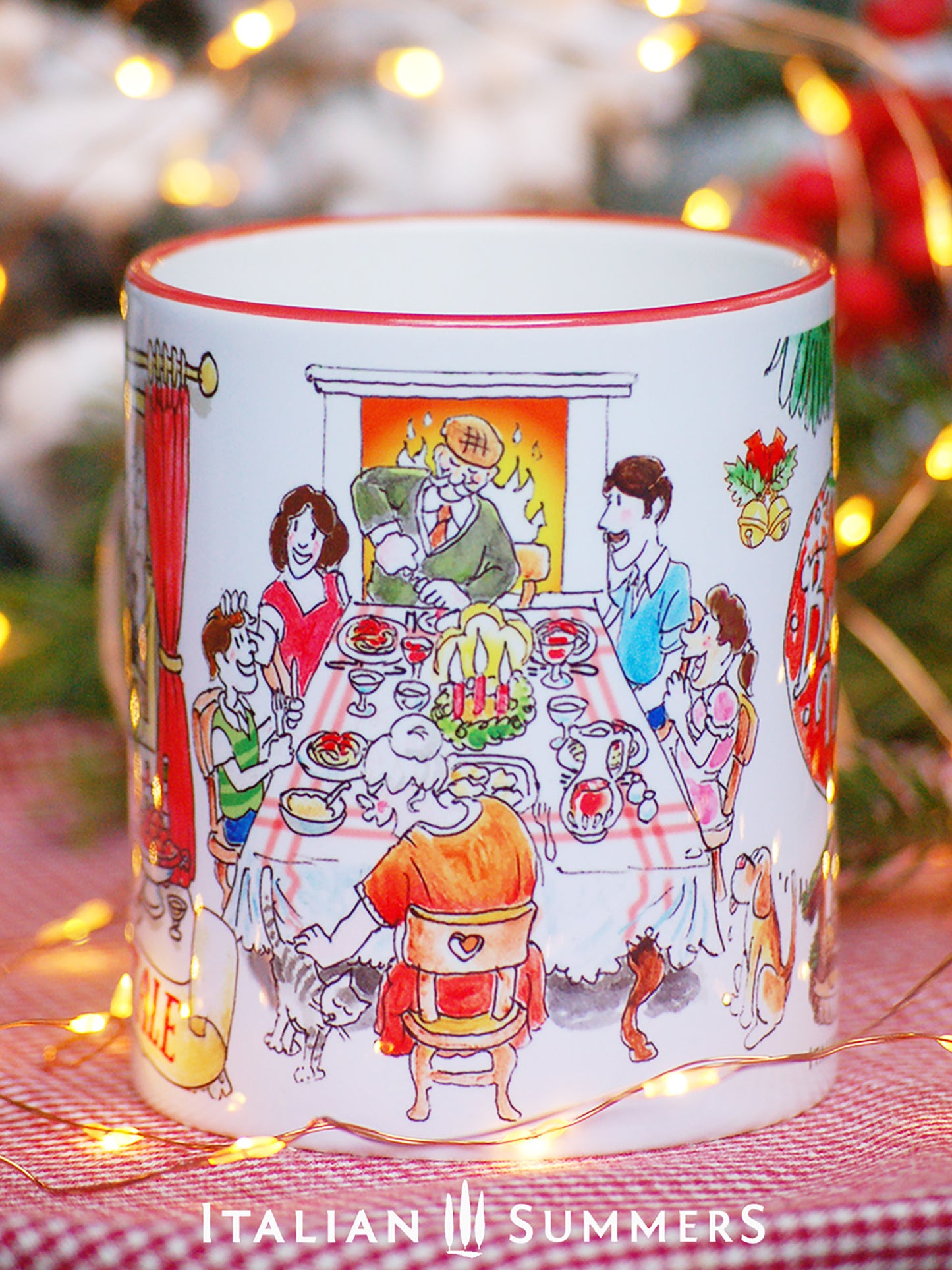 Ceramic mug with whimsical cats and Buon Natale scene
