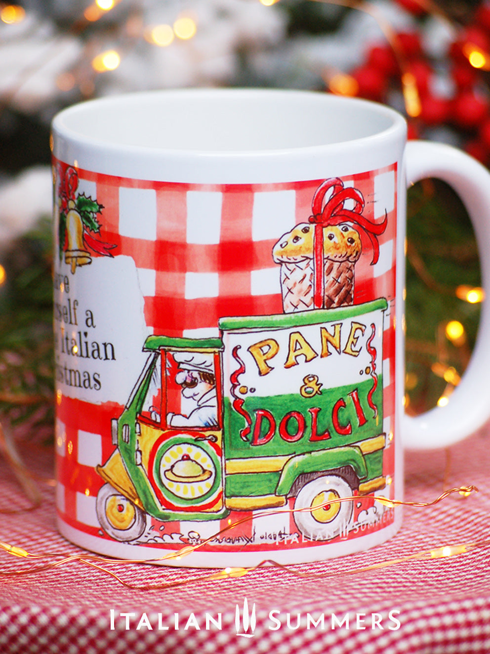 Italy Chirstmas mug Pane e Dolci with a sketch of the local Italian baker, driving his funny car with the text PANE & DOLCE, and on the top he has the biggest panettone. Ther are italian dolce on the mug and the text "have yourself a Dolce Italian Christmas" made by Italian Summers
