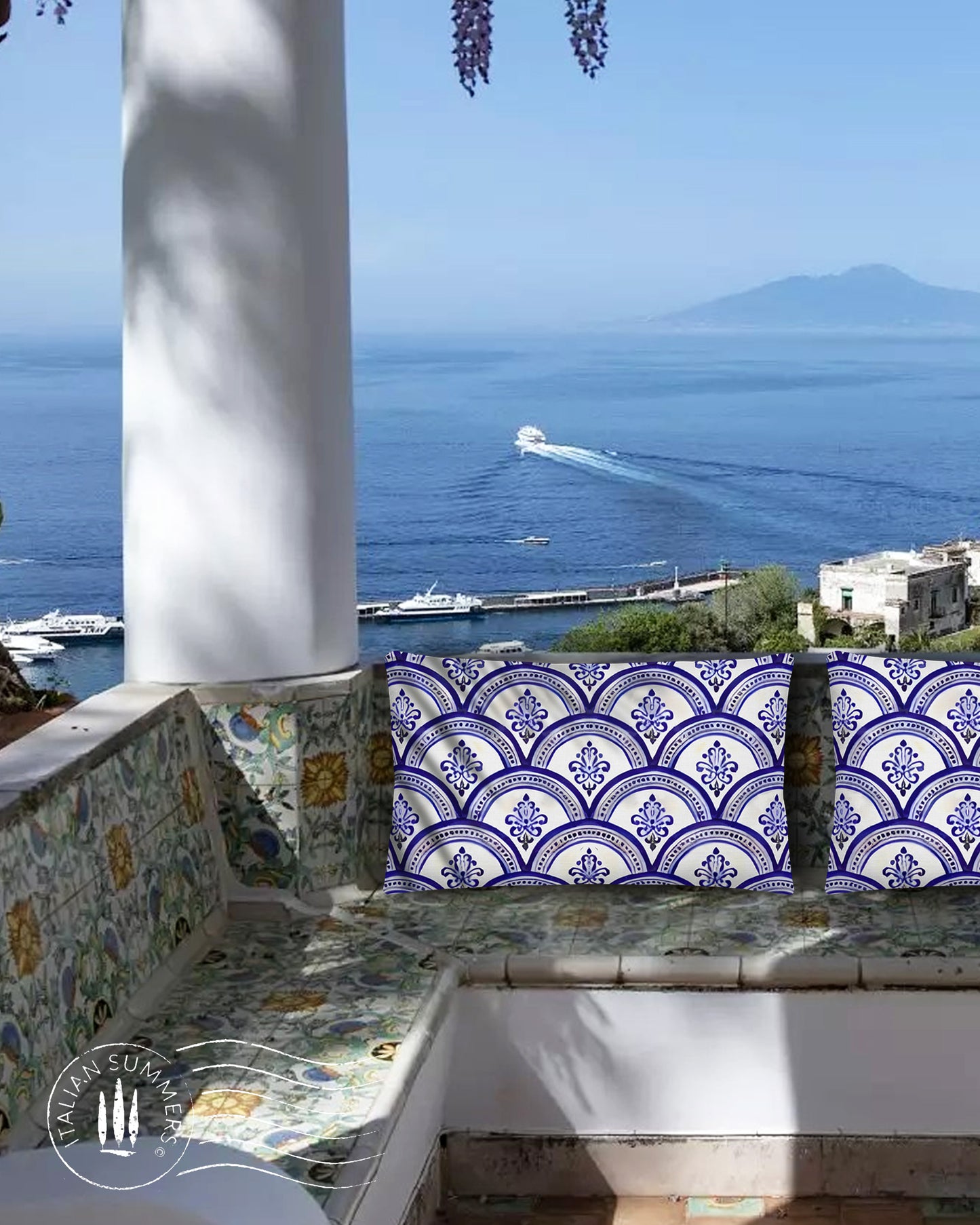 Pillow case Sogno d'Amalfi by Italian Summers, made to order Mediterranean-style inspired by the Maiolica domes of the enchanted Coast of Amalfi