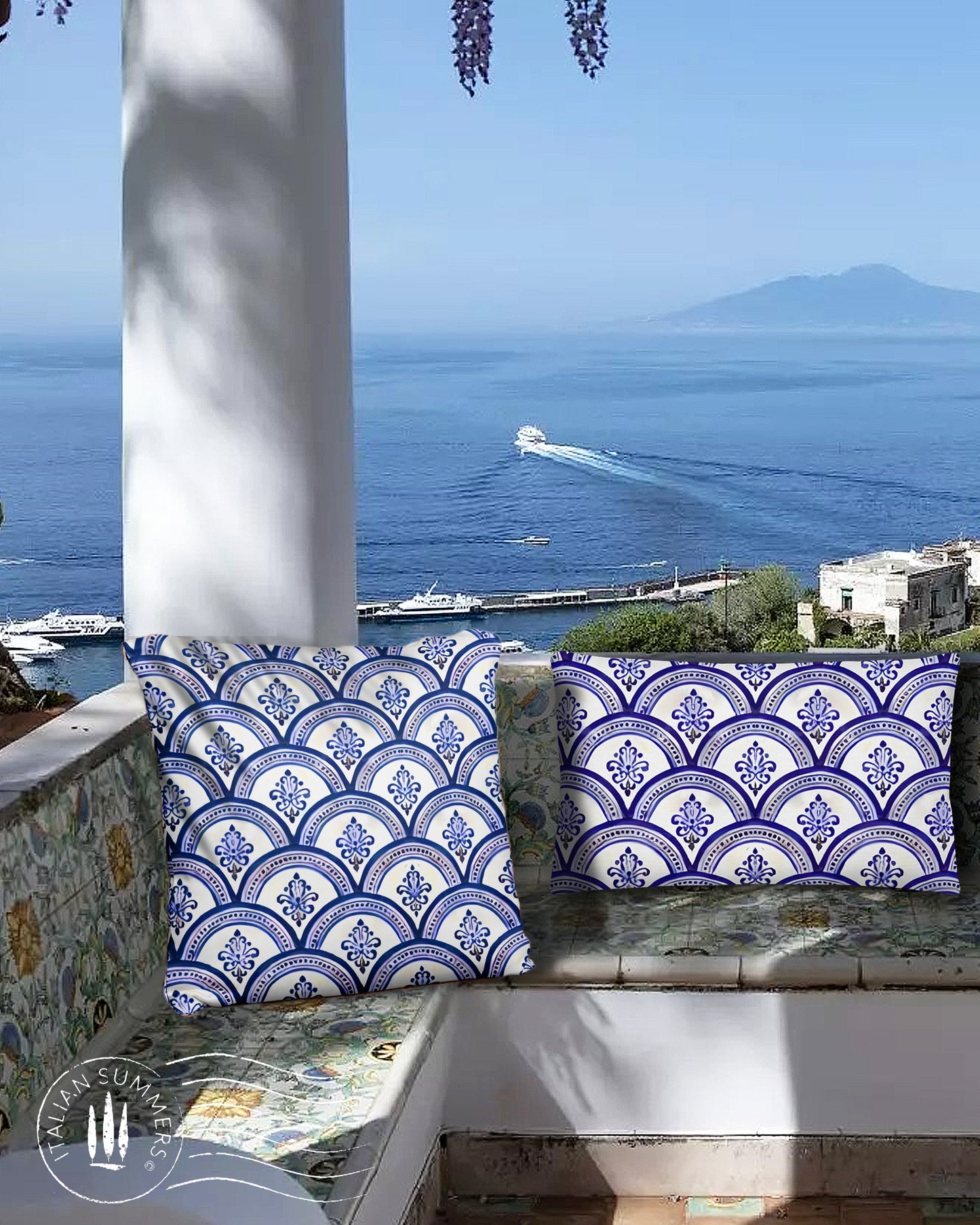 Pillow case Sogno d'Amalfi by Italian Summers, made to order Mediterranean-style inspired by the Maiolica domes of the enchanted Coast of Amalfi