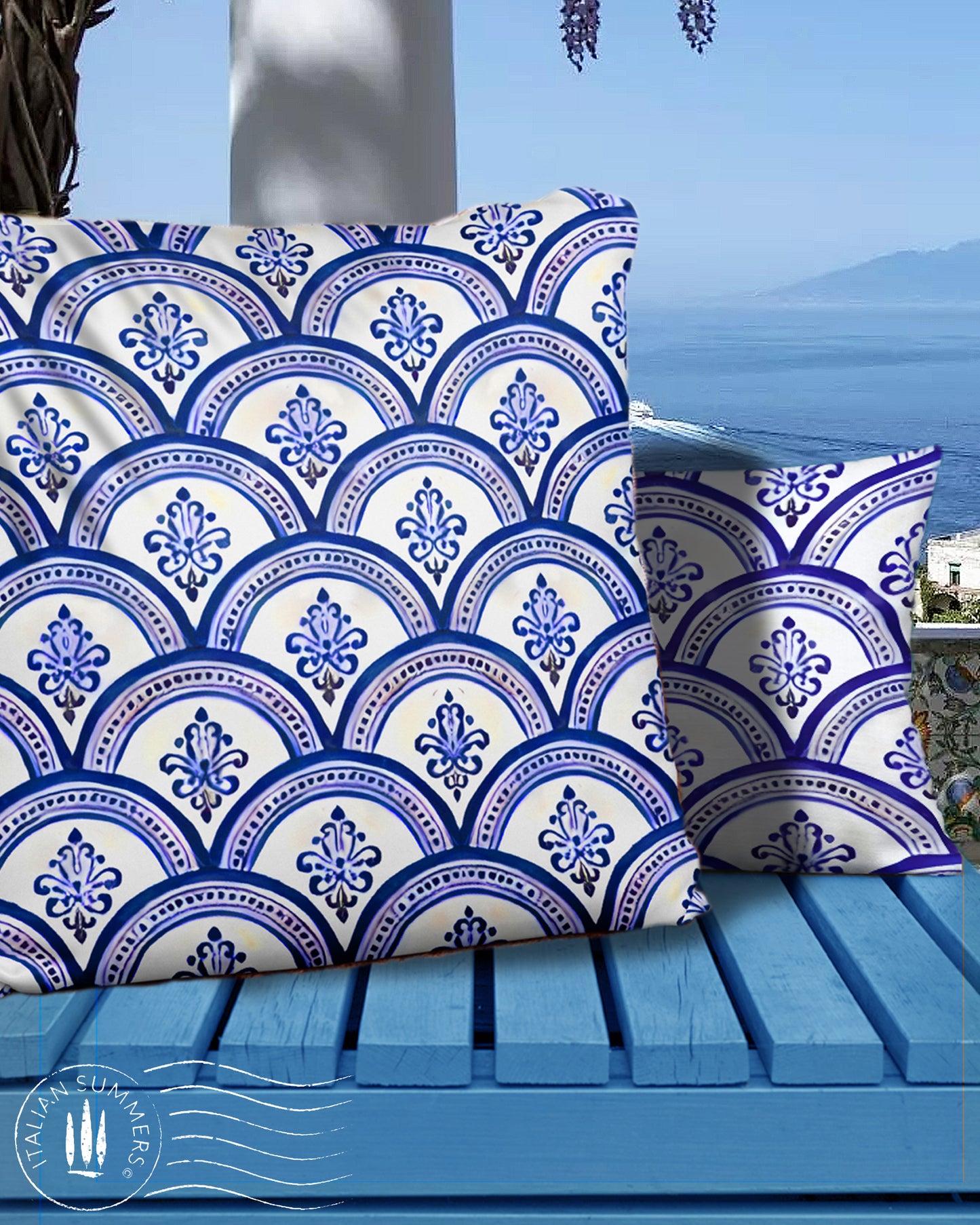 Pillow case Sogno d'Amalfi by Italian Summers, made to order Mediterranean-style inspired by the Maiolica domes of the enchanted Coast of Amalfi