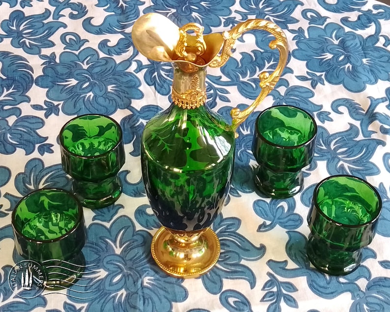 RARE Italian Vintage wine carafe and FOUR sculptural emerald-green glass goblets from the 1960s-70s