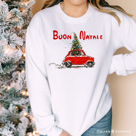 Italy Christmas inspired Sweatshirt BUON NATALE Vintage Fiat with a Christmas Tree