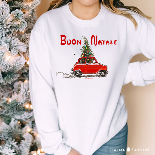 Italy Christmas sweatshirt with red Fiat 500 carrying Christmas tree – festive holiday sweater