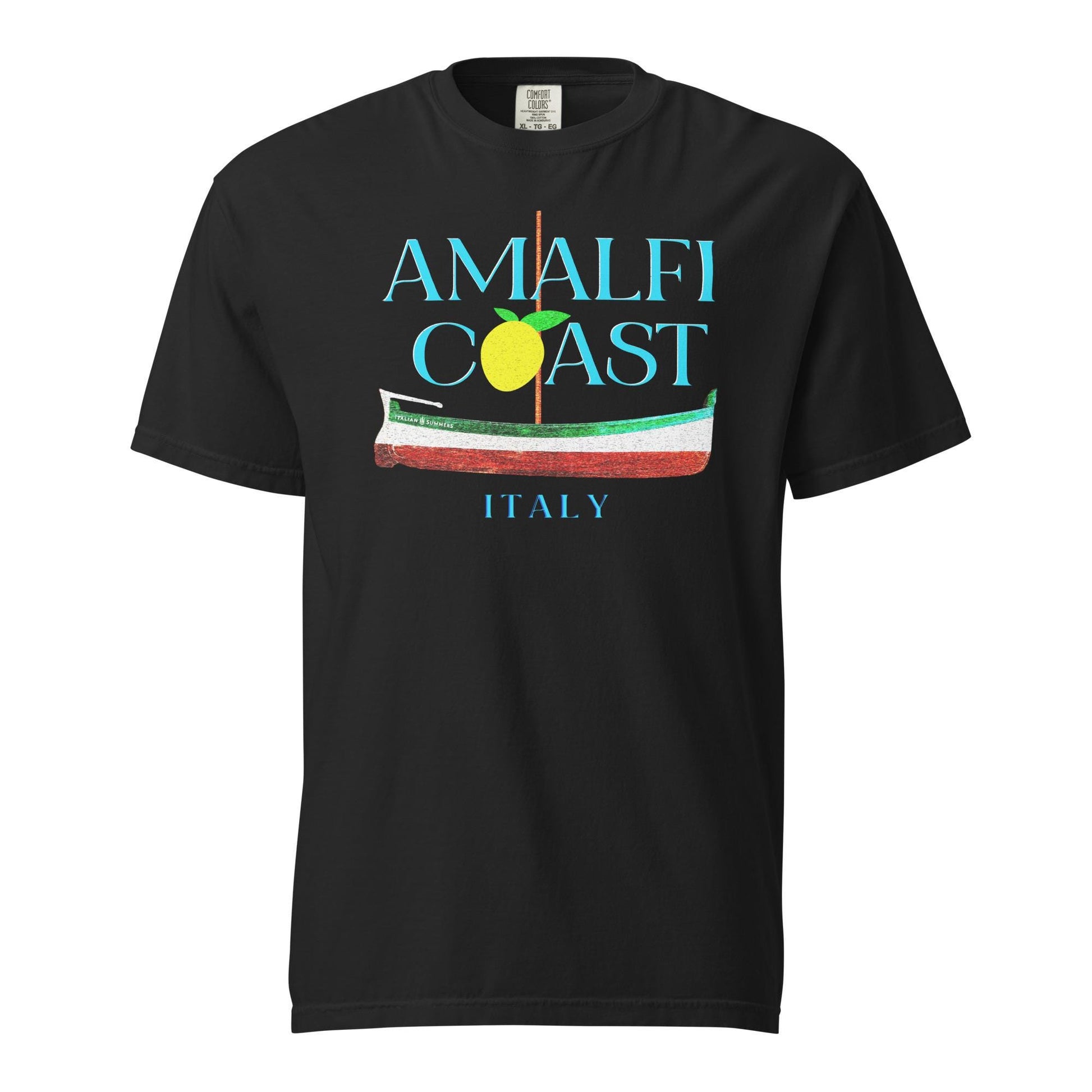 A navy blue  T shirt with blue text: AMALFI COAST, the O in Coast is a yellow stylized lemon with two leaves.
Under the text is a traditional Amalfi coast boat called a Gozzo, in the traditional colors of the Italian flag, green, white, red.
The text ITALY in light blue ends the composition on the bottom.