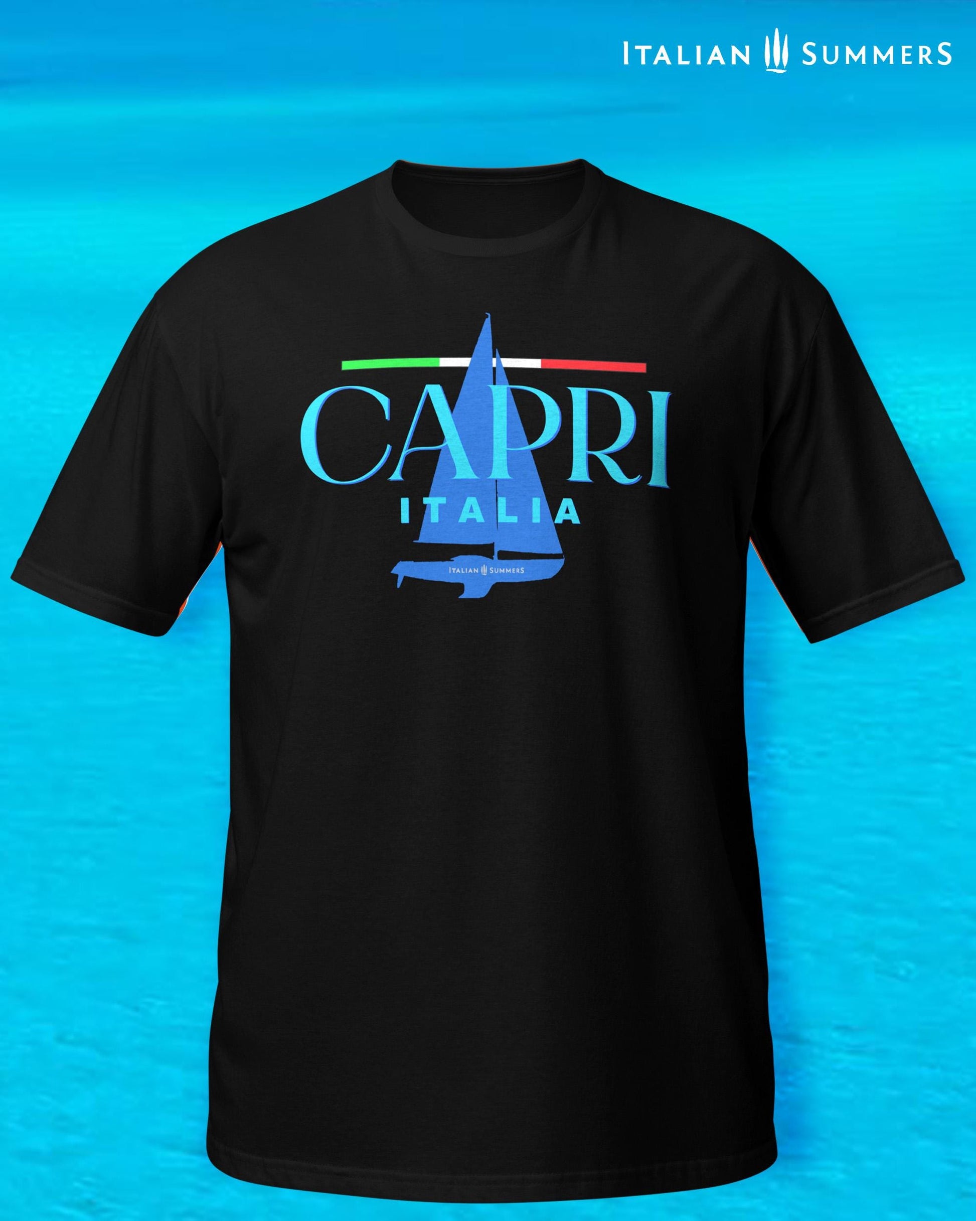 A black T shirt with a frontal print featuring a marine blue silhouette of a sailboat and a large text: CAPRI, ITALIA, with a thin Italian flag as a chevron, looking like a sailing shirt for sportsmen or Mediterranean Sea enthusiasts.