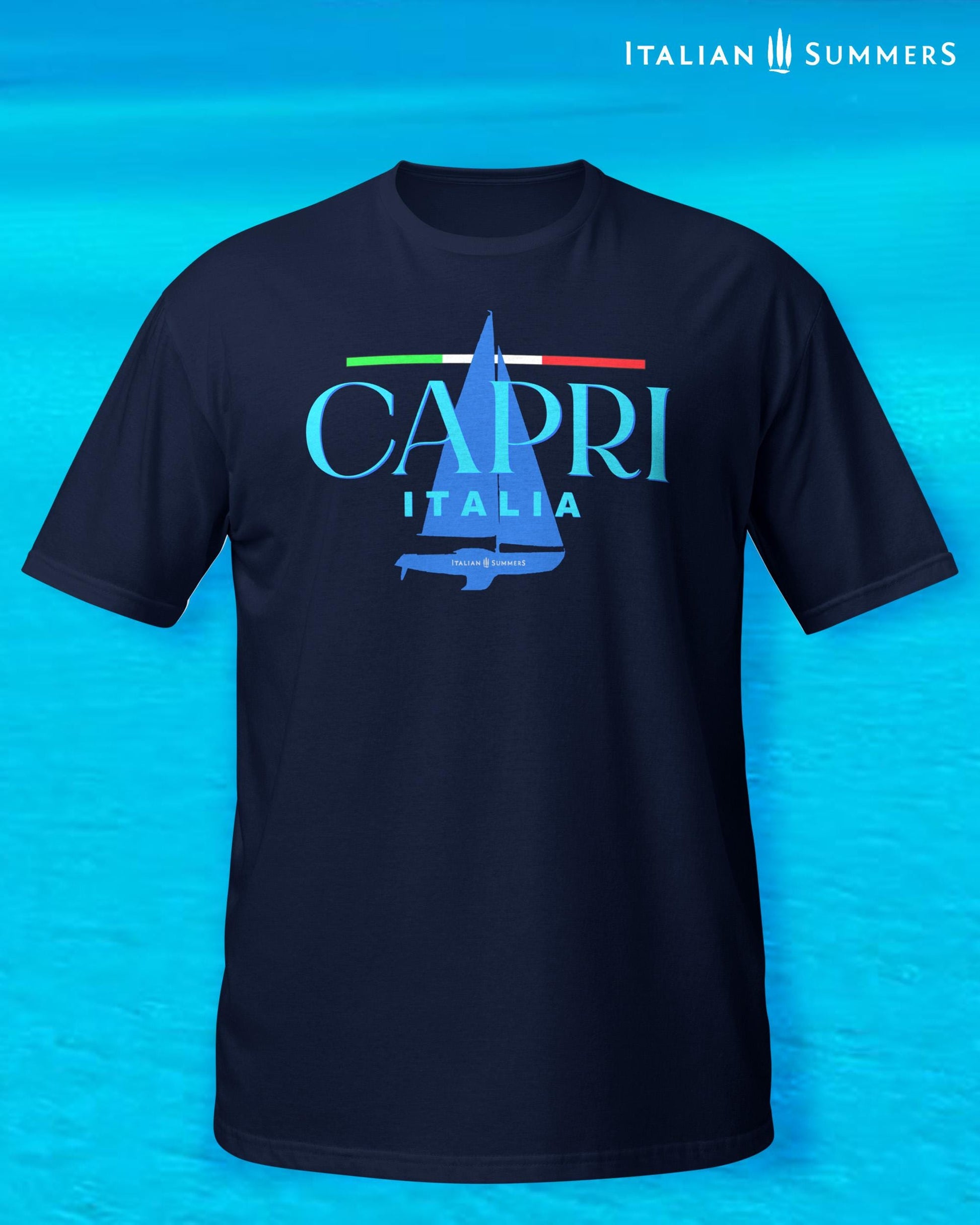 A Navy Blue T shirt with a frontal print featuring a marine blue silhouette of a sailboat and a large text: CAPRI, ITALIA, with a thin Italian flag as a chevron, looking like a sailing shirt for sportsmen or Mediterranean Sea enthusiasts.